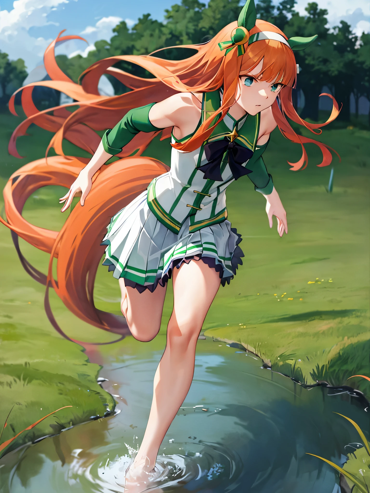 masterpiece, highest quality, running figure, Whole body wide angle, serious expression, silence suzuka \(umamusume\), white skirt, pleated skirt, (barefoot), ((((No sleeve)))), black bow, flowing grass,(sleeveless),