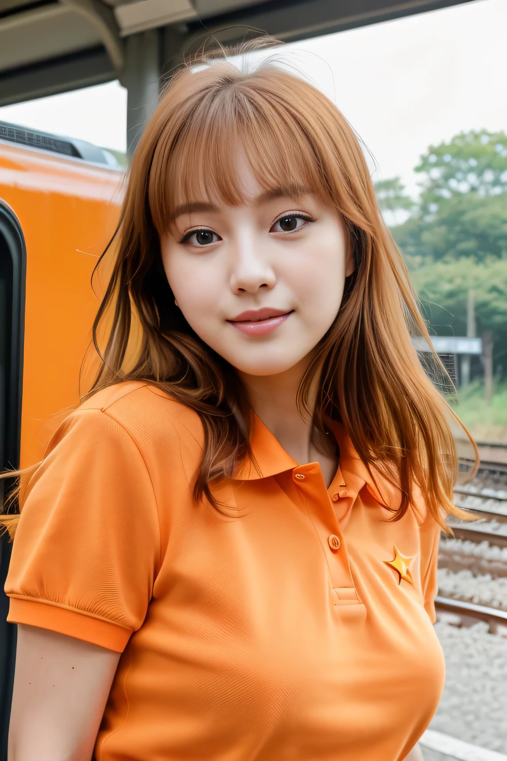 realistic photos of (1 cute Korean star) flipped hair, thin makeup, medium breasts size, orange polo shirt, at the train station, clear facial features of Canon EOS, 16k, high resolution, sharp and realistic details, overexposure, cut-in, UHD, highres, best quality wearing a lingerie
