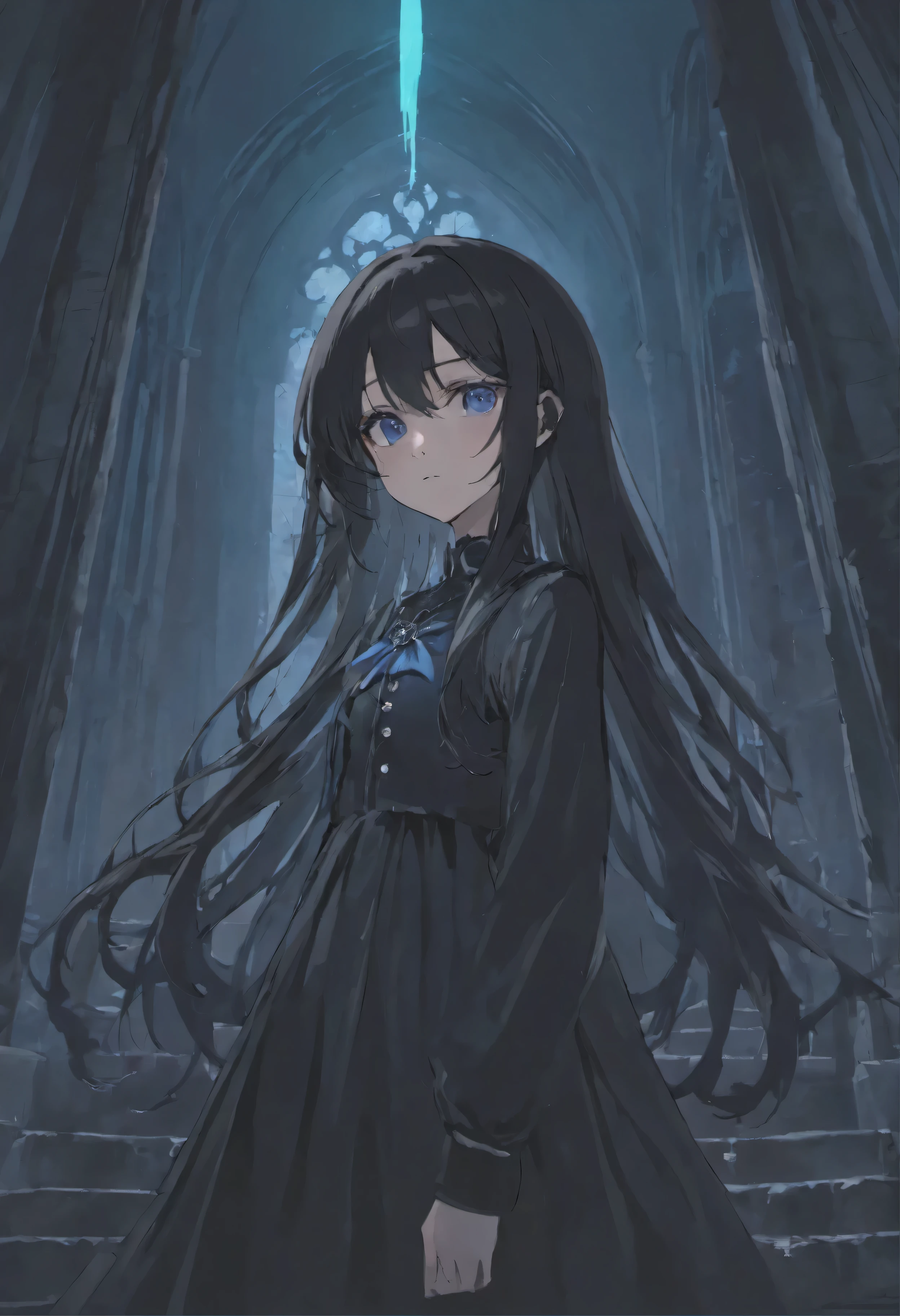 Anime girl with long black hair and blue eyes, anime moe art style, gothic otome anime girl, gap more grim dark, anime girl in a black dress, ghostly eyes and black hair, 1 7 - anime goth girl, ufotable art style, by Hitoshi Homura, Destiny anime style/stay night, long hair anime girl inside the ruins decadent dark gothic horror