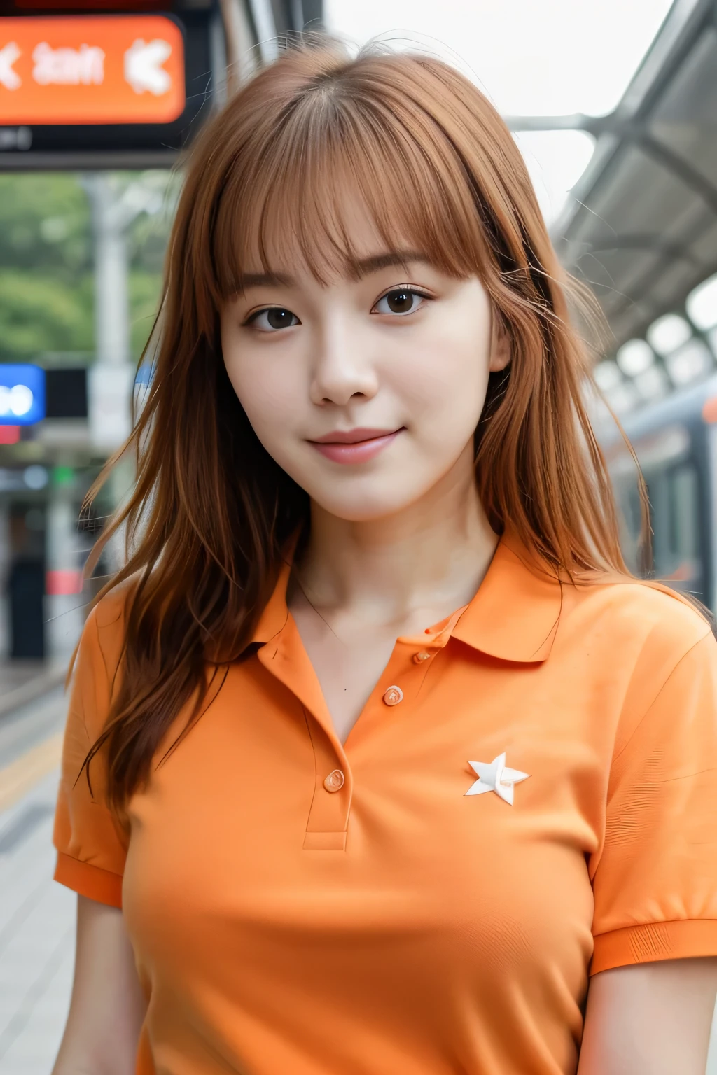 realistic photos of (1 cute Korean star) flipped hair, thin makeup, medium breasts size, orange polo shirt, at the train station, clear facial features of Canon EOS, 16k, high resolution, sharp and realistic details, overexposure, cut-in, UHD, highres, best quality lingerie