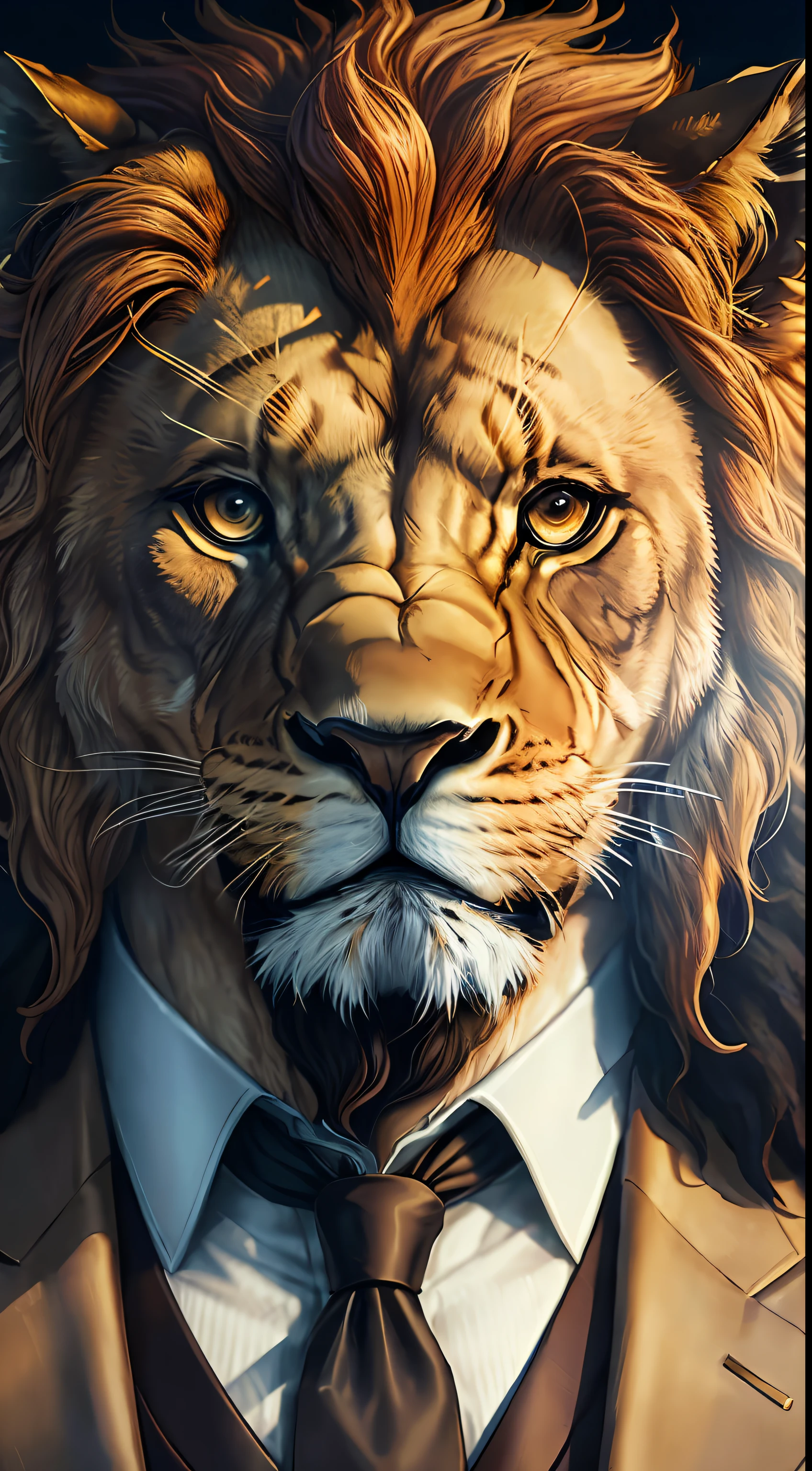 Young lion in suit，Humanoid lion face，Qualidade de imagem Ultra HD com qualidade de obra-prima，precision，Perfeito para textura de pele delicada，high level of detail，Qualidade superior de imagem，A high resolution。