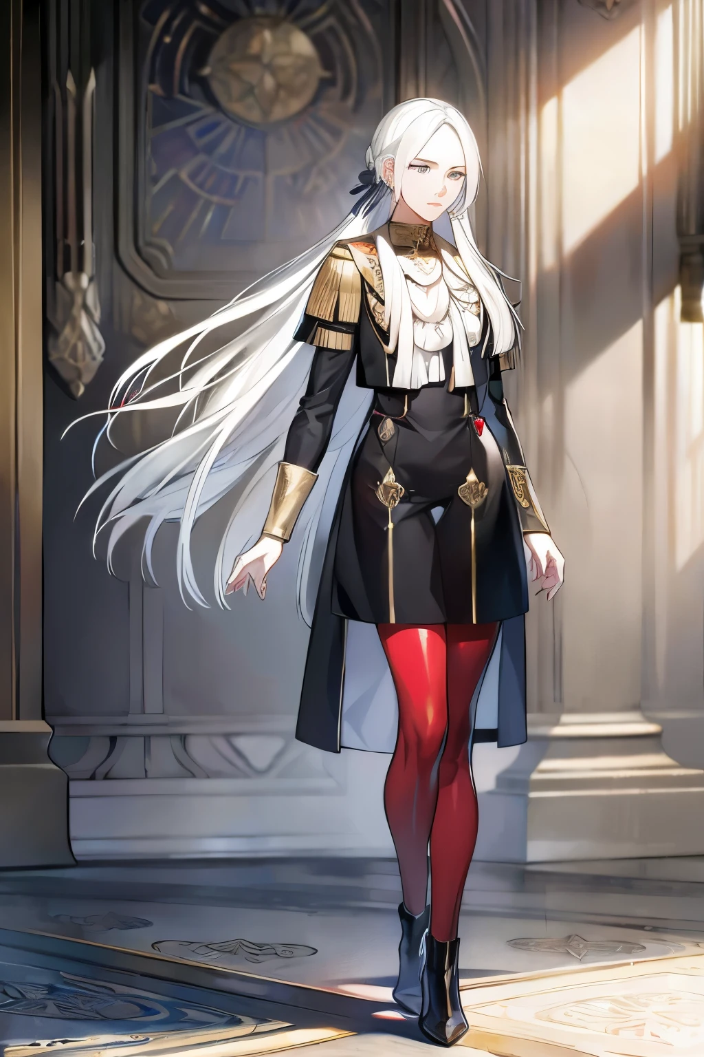 [edelgard_academy, hair ribbon, black jacket, black dress, ascot, red cape, red pantyhose, white gloves, high heels], standing confidently, [well lit], (bright:1.1 vivid colorasterpiece:1.2), (high resolution:1.2), (masterpiece, best quality:1.2), 4k, detailing the eyes, long eyelashes, detailed lips, (realistic:1.37), stone walls, old castle hall, weathered textures, (photorealistic:1.37), sunlit stained glass windows, polished marble floor, dramatic lighting, rich history, grandeur.