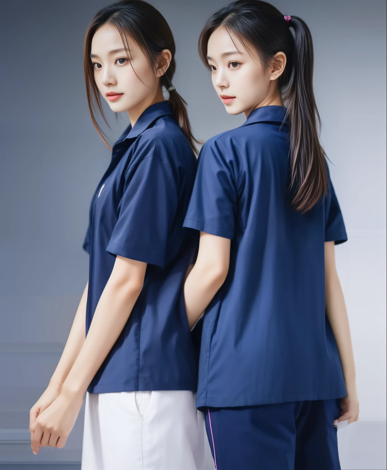 (best quality,10,10,height,Masterpiece:1.2),Special details,(realistic,ภาพrealistic,Realistic photos:1.37),1 Cute girl in the kitchen,shiny, ผิวshiny,only,smile softly,BDclothelue shirt:1.3)),short sleeve,shirt, กางเกงขาlong.,(navy_long_track pants:1.1), ((Kitchen Background)),Dynamic angle,excited,Face focus,dynamic poses,from behind,focus on ass,Masterpiece, best quality, ultra realistic, hyper-detail, 8K resolution, raw photos, Sharp focus, ((Navy blue shirt:1.1)), short sleeve, เส้นทางlong, perfect body, 2 mature women, 18 years old, Cinema-grade lighting system,blue sweatpants,exercise clothes,correct anatomy,perfect body, correct body, Sharp face, correct bodyทางกายวิภาค, full body, realistic gestures, long-haired, realistic poses,Wear long shorts...........................,ช่วงขาlong,Good shape,carved girl, Slender figure, Model, Good shape, beautiful body,blue sweatpants, two girls kissing