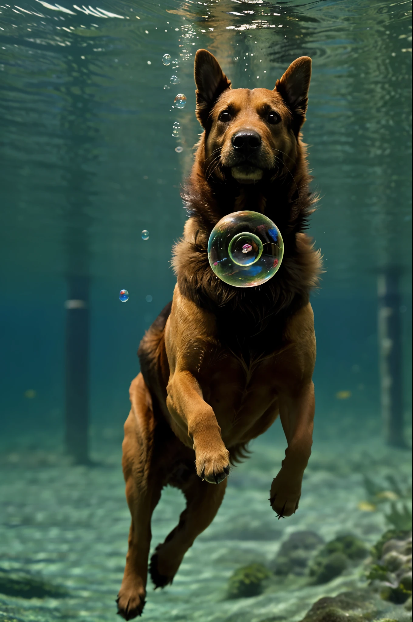 Swimming long hairy dog, underwater, diving, bubbles, high quality, depth of field, ultra detailed photo