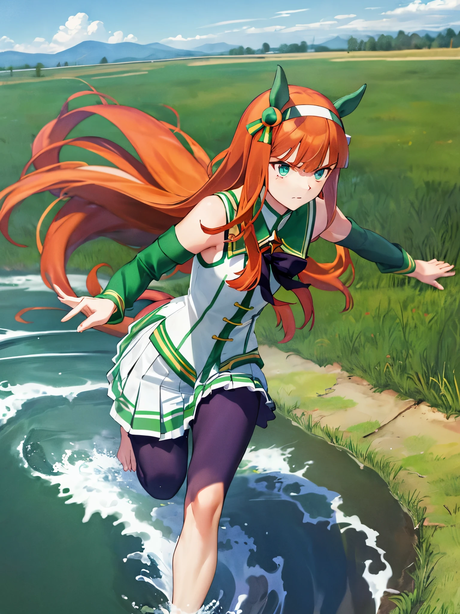 masterpiece, highest quality, running figure, Whole body wide angle, serious expression, silence suzuka \(umamusume\), white skirt, pleated skirt, (barefoot), ((((No sleeve)))), black bow, flowing grass,(sleeveless),