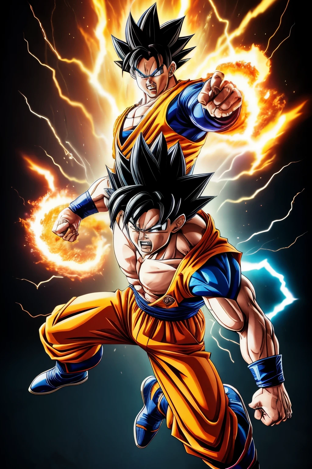 "(best quality,4k,8k,highres,masterpiece:1.2),ultra-detailed,(realistic,photorealistic,photo-realistic:1.37),illustration,goku,vegeta,powerful,fighting scene,dynamic poses,aura,fiery blast,battlefield,explosions,transformation,saiyan,zoomed perspective,climactic moment,energy beams,serious expressions,dragon balls,flying hair,muscular bodies,anime style,vivid colors,stunning effects,lighting effects,contrast,action-packed"