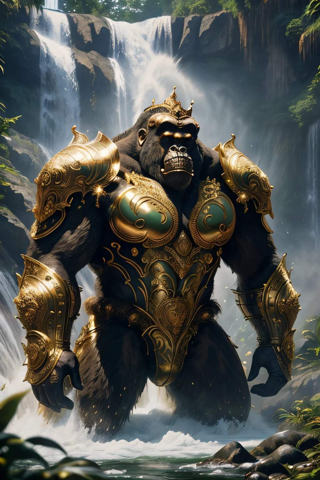King Kong wearing intricate body armor, filigree, gold plated, bathe in the spray of a waterfall, dappled lighting, intricate details, best possible quality, 8k