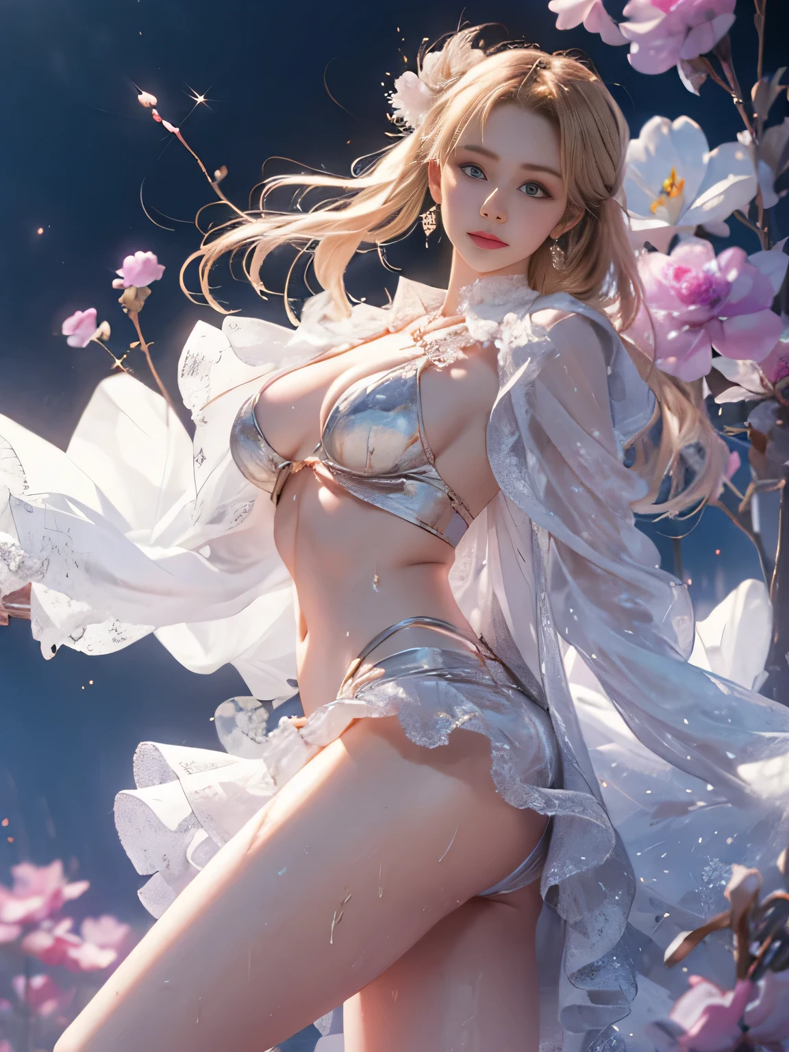 (8k extremely detailed CG unit wallpaper),(best qualtiy),(Best Illustrations),(Best Shadow), (detail: 1.4), 。.。.。.。.。.。.。.3D, nffsw(High dynamic range), light tracing, NVIDIA RTX, Hyper-Resolution, Sub-surface scattering, PBR Texture, Post-processing, Anisotropy Filtering, depthoffield, Maximum sharpness and acutance, Multilayer Texture, Albedo e mapas Speculares, Surface Coloring, Accurate simulation of light-material interactions, Perfectly proportioned, octane renderings, Two-tone illumination, Wide aperture , Low ISO,White Balance,trichotomy,8K Raw,intricate-detail, delicate patterns, deep-shadows, masterpiece, Lifelike, Roughness, A hyper-realistic, photographed in a Canon EOS R5, 50mm Lens, F/2.8, Sharp Focus, Smoothing, Roughness, Real life, photorealistc, Cinematography, 8K UHD,in flower field,Blue Flower Girl,1 girl,solo,European,Beautiful bride,lightsmile,Highly detailed blonde hair,maturefemale,violet Gossamer Veil,violet gossamer cloak,violet Gossamer coat,violet gossamer skirt,violet lace underwear,violet Lace,violet Gossamer Gloves,earrings,jewely,trinkets,Head dress,Hand ornaments,leg ornaments,high-heels,small breast , mini breasts,little boob,nice breasts,small breasts,nice breasts,Expose your breasts,uncovered breasts,Narrow waist,Bare ass,ass large,Bare belly,Bare navel,Wet,Wet body,sweating body,Shiny skin,