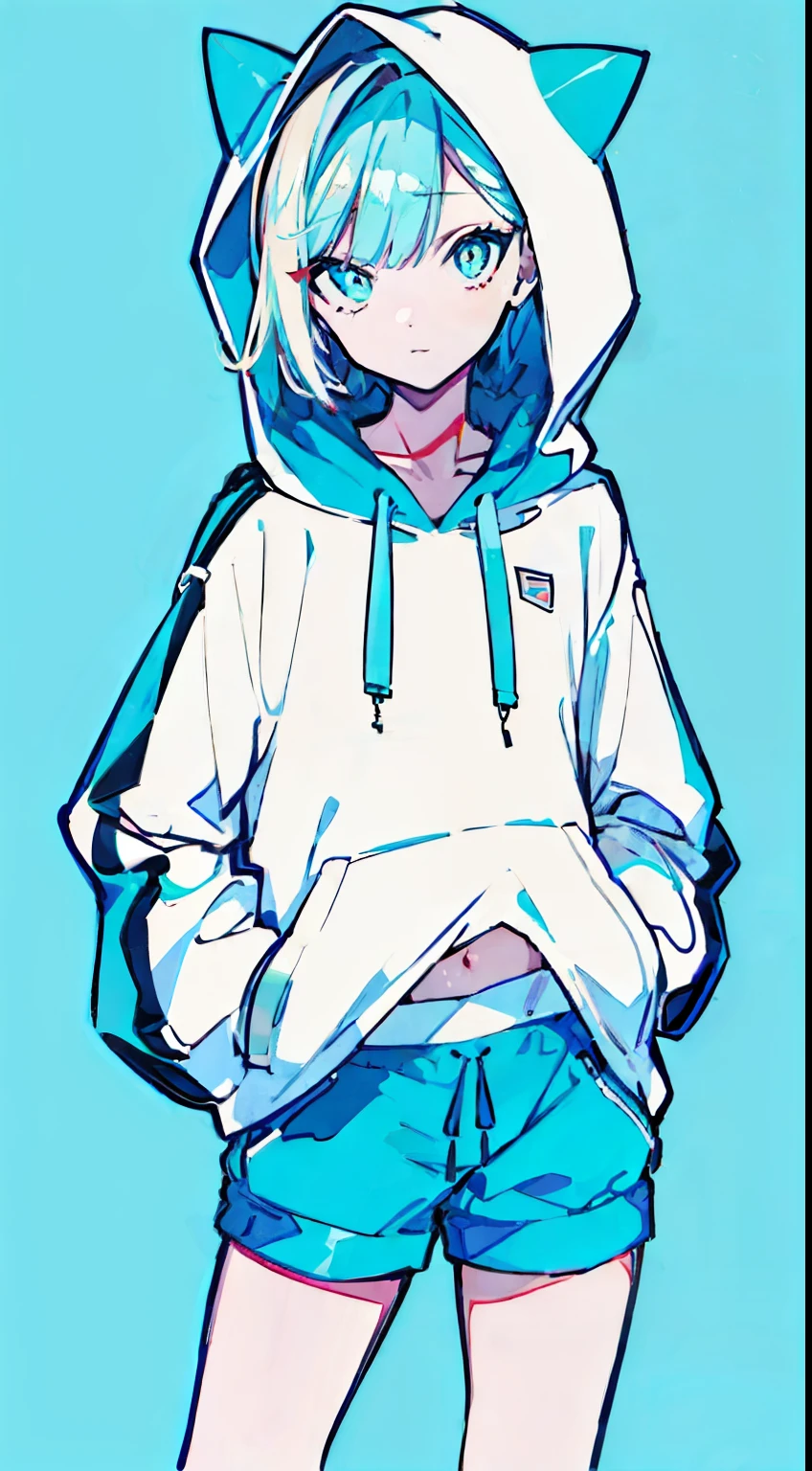 (masterpiece, highest quality:1.6), alone, thick outline, (simple background, light blue background, monochrome, light blue theme:1.2), official art, Key Visual, 8k, confused, whole body, (unique hair, oversized hoodie, hot pants, arch back, short torso:1.2), belly button, thighs, cowboy shot, HDR, sharp focus, High resolution, most detailed, very detailed, Super detailed, finely, detailed eyes and face, sharp pupils, realistic student, alone