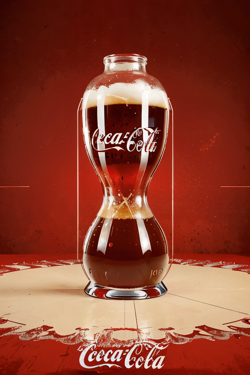 1960s nostalgia poster type, red background, vector-type coca-cola bottle in the middle that looks like an hourglass with a female face endorser on the right side