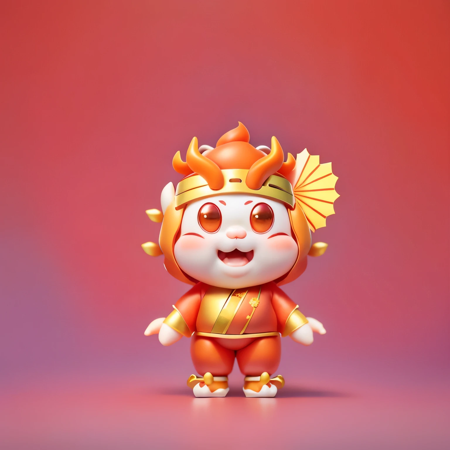 Blind box toy style，A cute baby Chinese dragon，Dressed in traditional Thai costumes，Horns on the head，big eyes，round cheeks，Orange hair，Red face，red clothes，white turban