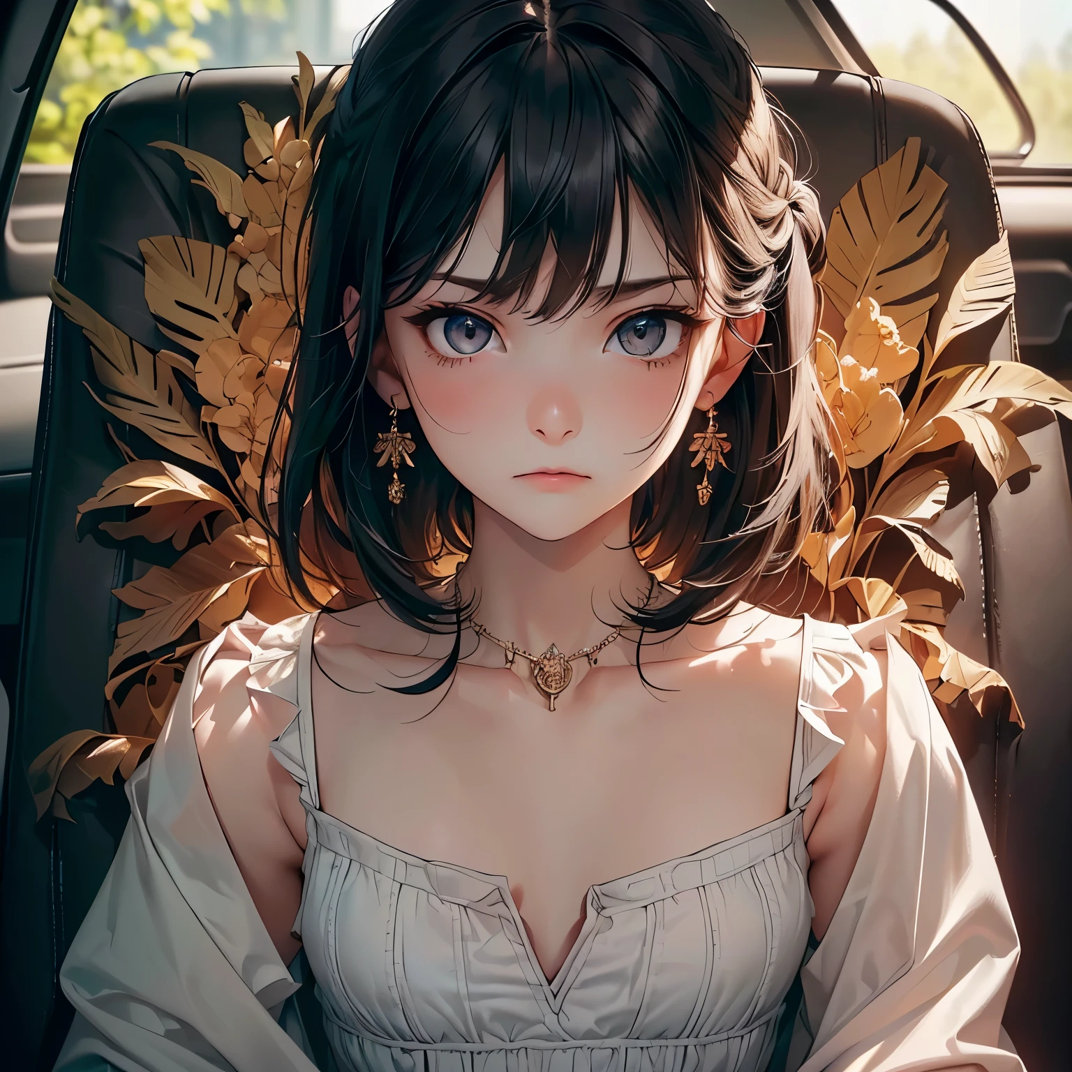 ((Biologically correct number of limbs))、((natural finger shape))、((full body shot, Full body photo including face、head to toe photo))、4K、masterpiece、((focus on the face))、((Symmetrical facial features))、Eyes of minute description、Beautiful woman、outstanding style、beautiful clavicle、beautiful legs、slender body、(small ass、thin thighs)、(stockings、high heels)、Detailed depiction of faces、small earrings、necklace、Low - Angle、(Upper body shirt、Lower body plaid skirt)、sitting in the passenger seat of the car、embarrassed expression、