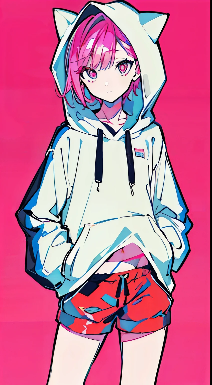 (masterpiece, highest quality:1.6), alone, thick outline, (simple background, Bright pink background, monochrome, bright pink theme:1.2), official art, Key Visual, 8k, confused, whole body, (unique hair, oversized hoodie, hot pants, arch back, short torso:1.2), belly button, thighs, cowboy shot, HDR, sharp focus, High resolution, most detailed, very detailed, Super detailed, finely, detailed eyes and face, sharp pupils, realistic student, alone