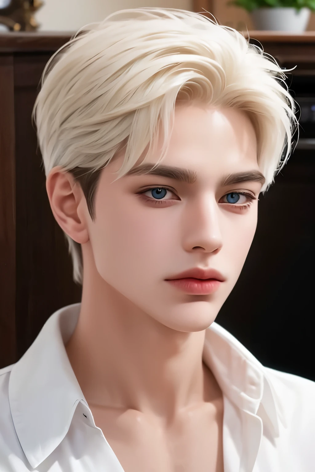 Boy, white hair, blue eyes, serious sharp features, white skin, long hairstyle, sweater