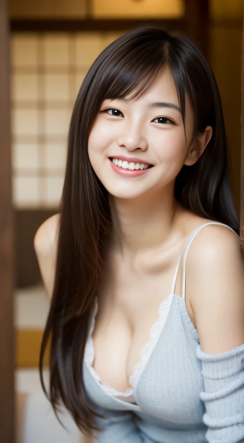 masterpiece,best quality,(Japanese ),((Beautiful girl)),cleavage,indoor,(perfect body beauty:1.2),(shy smile),beautiful teeth,