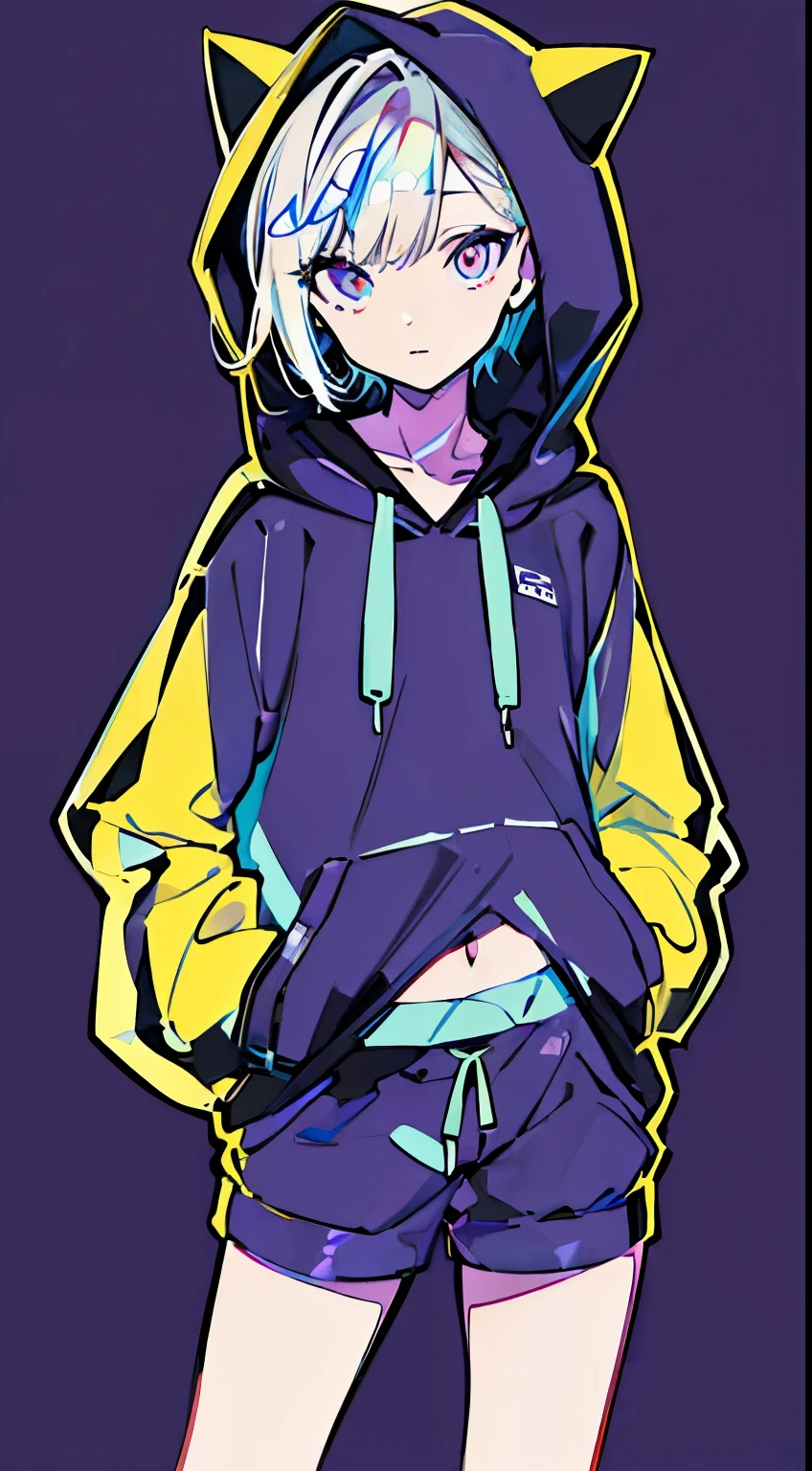 (masterpiece, highest quality:1.6), alone, thick outline, (simple background, bright purple background, monochrome, bright purple theme:1.2), official art, Key Visual, 8k, confused, whole body, (unique hair, oversized hoodie, hot pants, arch back, short torso:1.2), belly button, thighs, cowboy shot, HDR, sharp focus, High resolution, most detailed, very detailed, Super detailed, finely, detailed eyes and face, sharp pupils, realistic student, alone, yellow and purple contrast