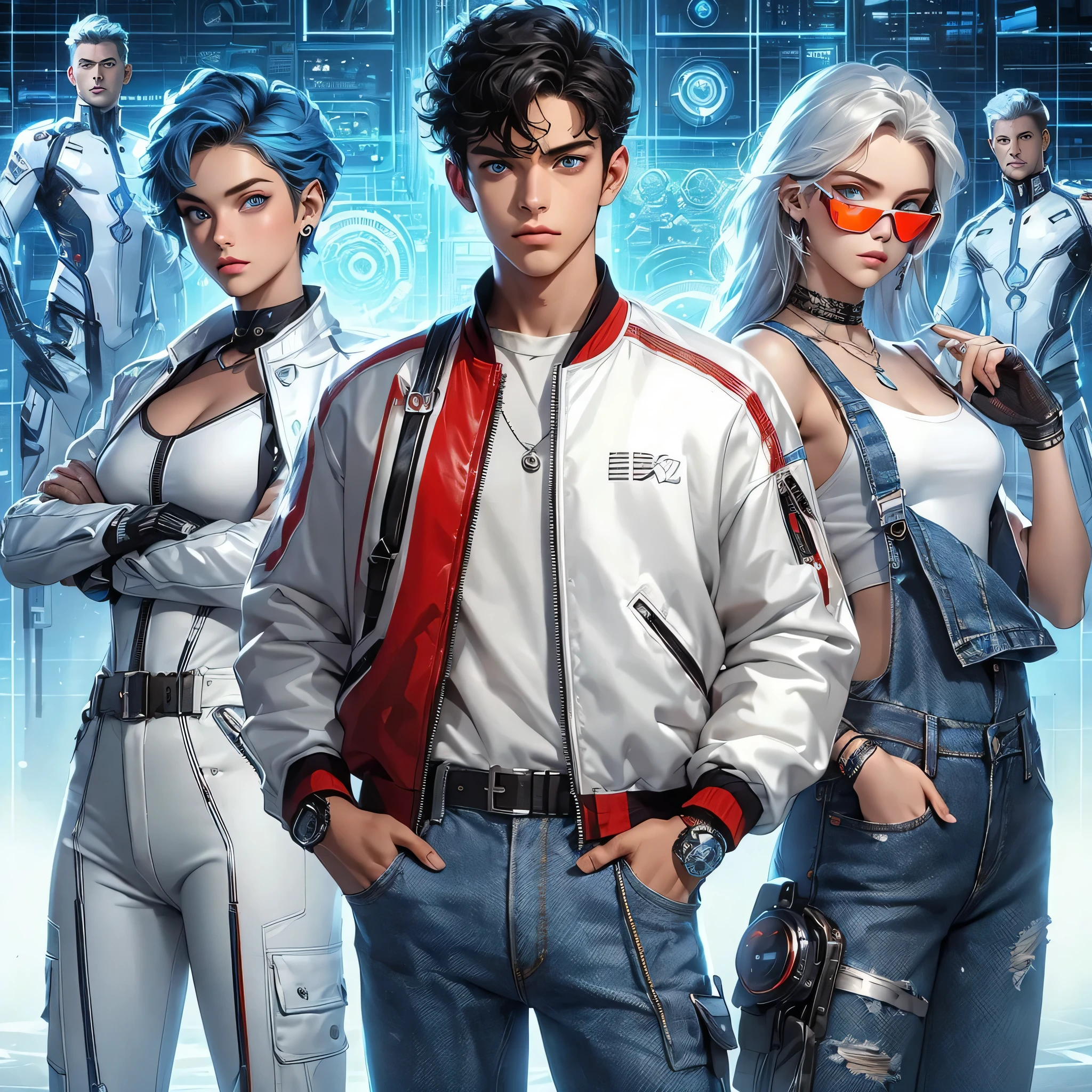 a handsome boy with dark curly hair and blue eyes wearing a white and red jacket, jean pants and cool metallic gloves, a beautiful girl with blue short hair wearing white sleek sci-fi modern clothes beside him and a girl with white long hair wearing black tank tops and oversized jeans with cool sci-fi goggles beside him, a sci-fi holographic world in background