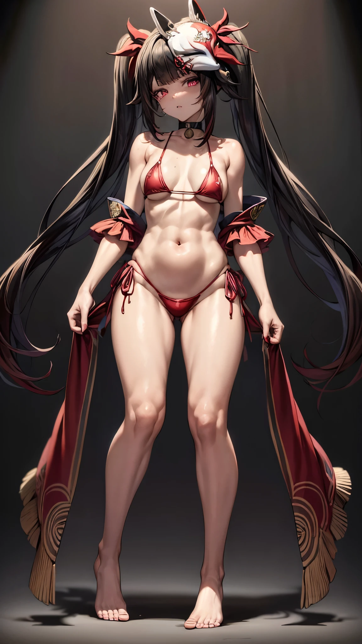 Face: Estilo de arte, Cor estilo anime: Predominantemente vermelho com contrastes em preto e branco, Cor dos olhos: vermelho carmesim brilhante, com reflexos luminosos. Cor do cabelo Preto com mechas vermelhas, Penteado: Longo com twintails, adornado com o tradicional enfeite de cabelo vermelho e dourado, crazy expression, (((kitsune mask))), pernas musculosas, pernas longas, no quarto do motel, ( ((tiro de corpo inteiro))), manicuunhas vermelhas, unhas vermelhas, (((wearing a beautiful short and sexy bikini))) , NSFW, hdr, {Standing}, (((full body view)))