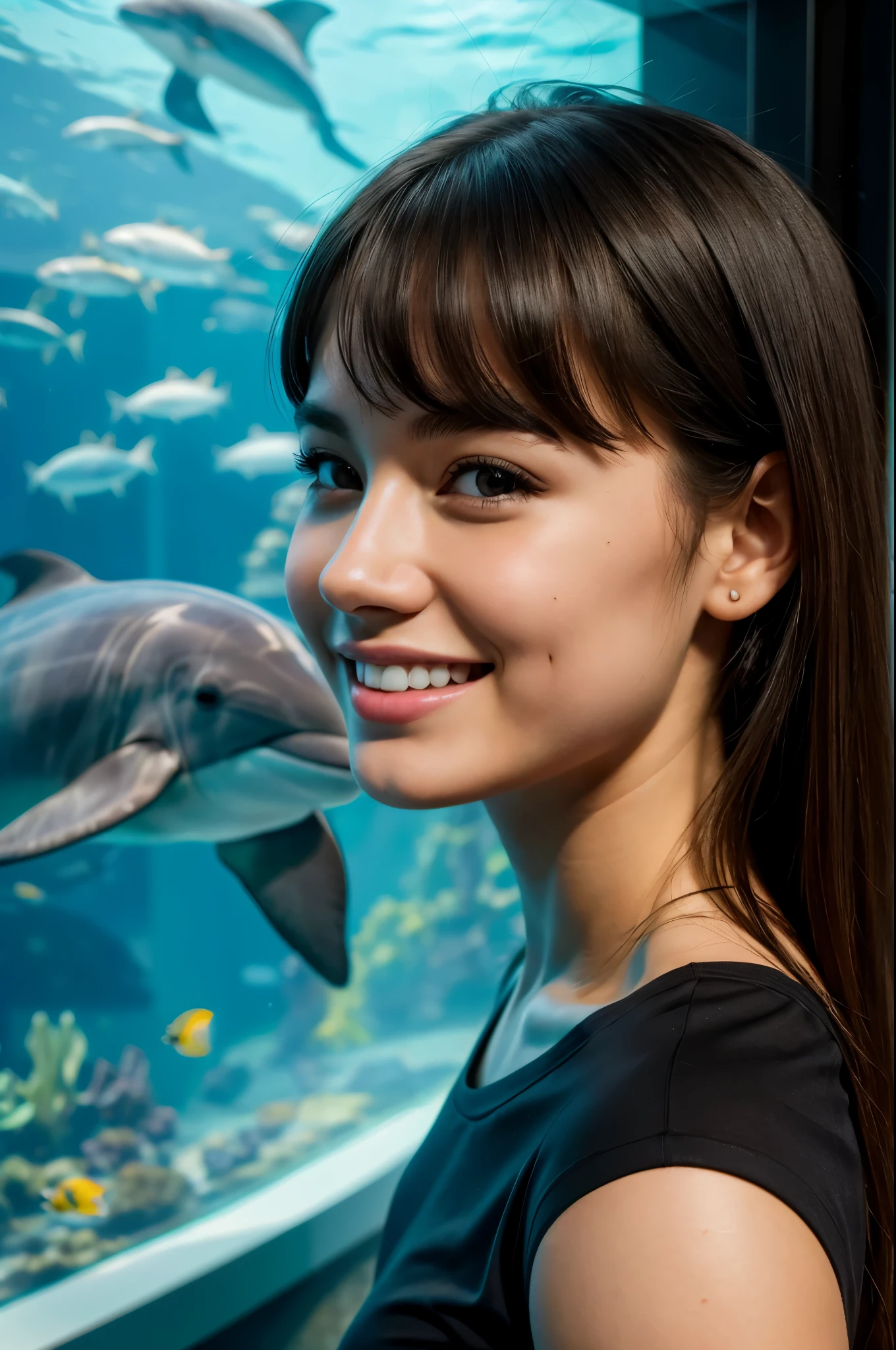 masterpiece, best quality, extremely detailed, hyperrealistic, photorealistic, a pretty girl, at aquarium, dolphin:1.1, plain black t-shirt, ultra detailed face, joyful smile