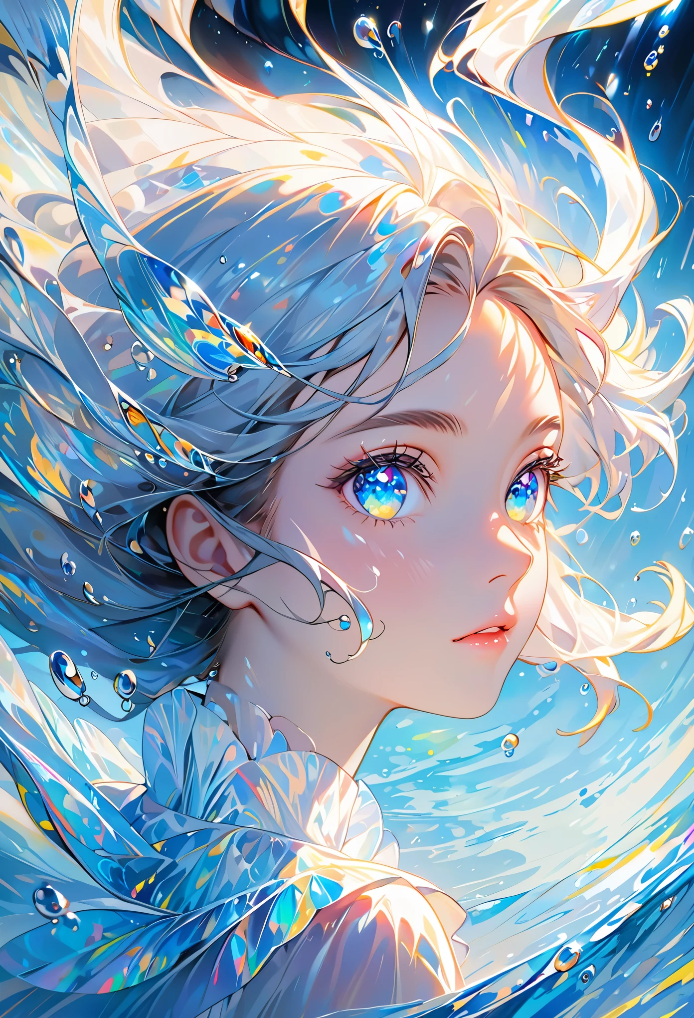 girl swims underwater,hyper detailed render style,glow,yellow,blue,brush,surreal oil painting,shiny eyes,head closeup,exaggerated perspective,tyndall effect,water drops,mother of pearl iridescence,holographic white,black background,