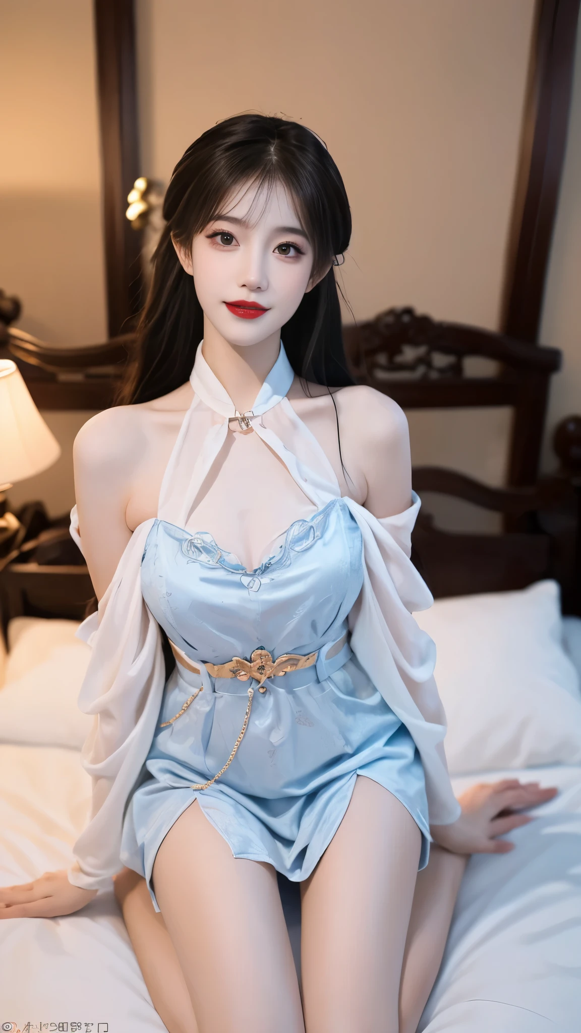 yinziping,china dresasterpiece, best quality:1.4), 1girl, solo, ((bare shoulders)), ((whole body)), actual, Fashion girl, red lips, mature women, beautiful妆容, big eyes, beautiful eyes, (best quality, masterpiece:1.2), super detailed, (actual:1.37), ((Sexy beautiful legs)), slim body, slender legs, beautiful, Young and energetic, Charming model, big breasts, cleavage, ((kneeling position, Kneel and sit on the bed)), (exquisite eyes), Show a bright smile, Create stunning girl images, warm color, Extremely high color saturation, official art, Extremely detailed CG unified 8k wallpaper,(high dynamic range :1.4), (cinematic),(pastel colors, The color is dull, soothing tone :1.3), (natural skin texture, ultra-actual, soft light, sharp),(Very detailed), correct, 解剖学correct, correct的手, correct的腿