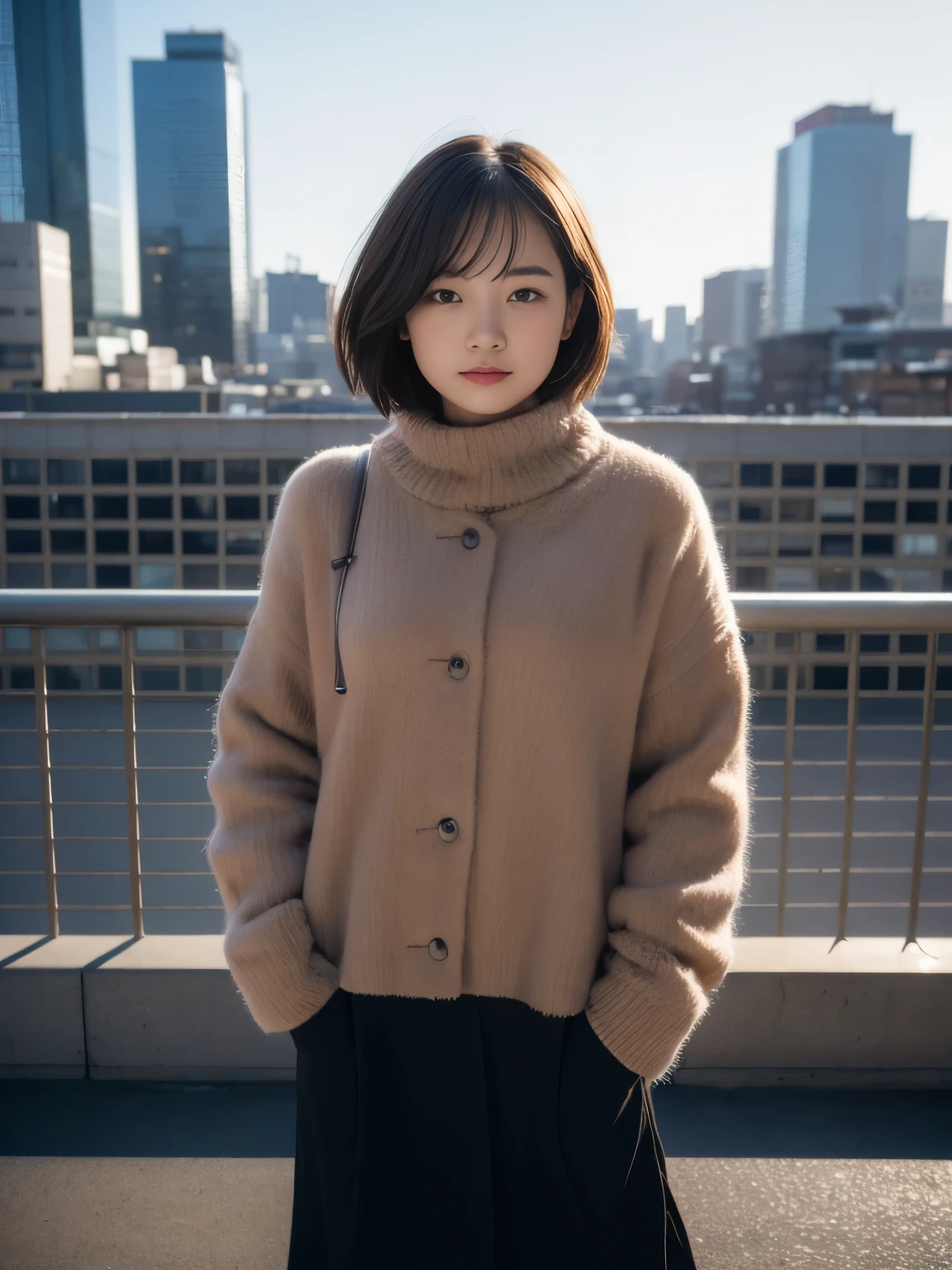 Photoreal, 8k, full body portrait, Beautiful woman, attractive look, short hair, , Tokyo city, winter, With Shibuya in the background