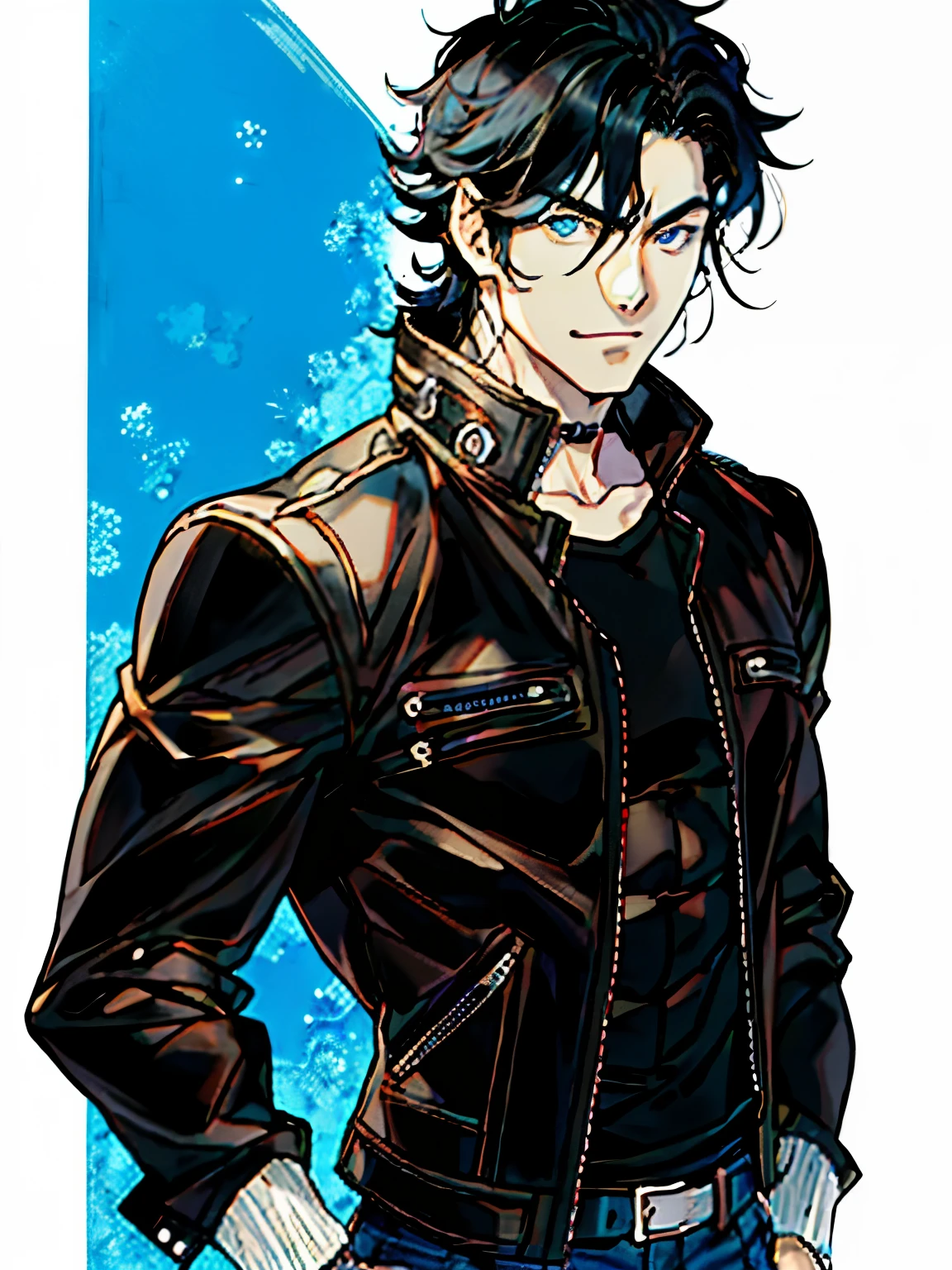 黒い革のジャケットを着たanimeのmale, デーモンスレイヤーアートのgood lookingなmale, Kentaro Miura&#39;s manga art style、male、black hair、good looking、skin color、unkempt、blue eyes、30 generations、anime、Black leather jacket、white shirt、jeans、slanted eyes、perfect body、muscular、medium hair、尻に手を当てるmale、ポケットに手を入れるmale、anime風、perfect body、Smile、white background