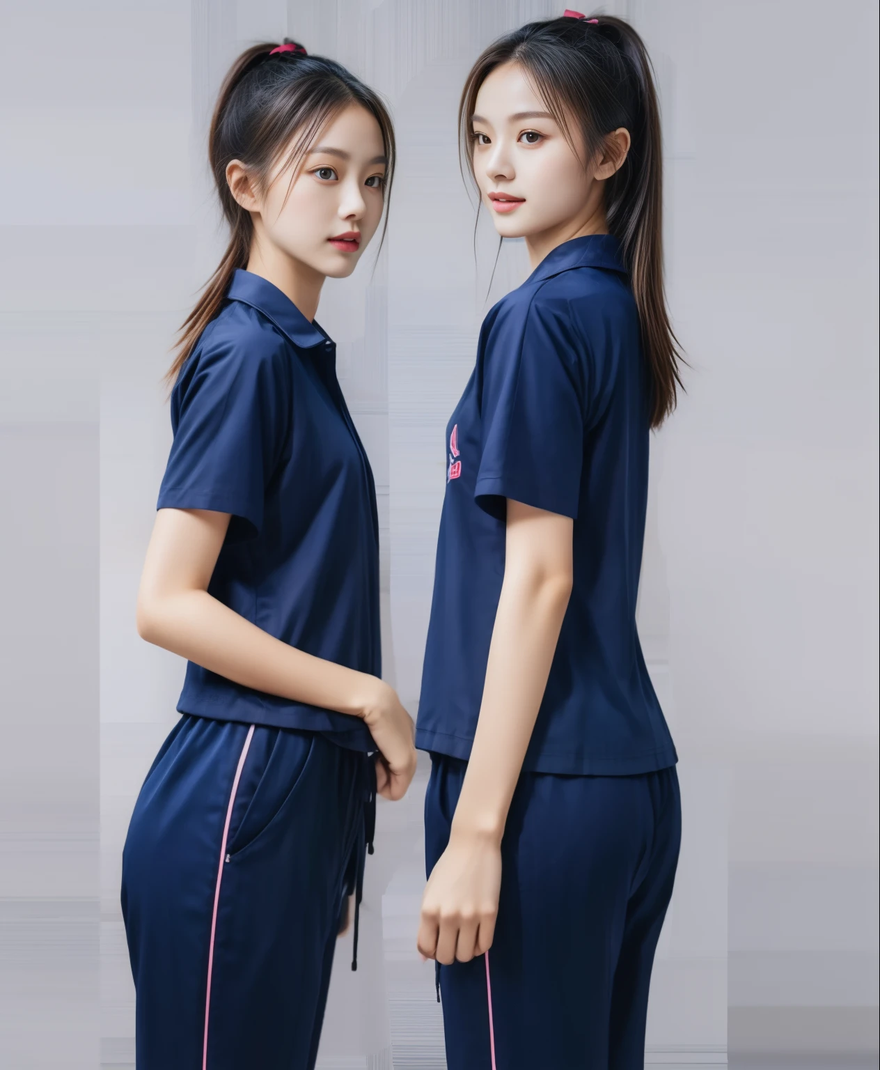 (best quality,10,10,height,Masterpiece:1.2),Special details,(realistic,ภาพrealistic,Realistic photos:1.37),1 cute girl in the fitness center,shiny, ผิวshiny,only,smile softly,BDclothelue shirt:1.3)),short sleeve,shirt, กางเกงขาlong.,(navy_long_track pants:1.1), ((fitness background)),Dynamic angle,excited,Face focus,dynamic poses,from behind,focus on ass,Masterpiece, best quality, ultra realistic, hyper-detail, 8K resolution, raw photos, Sharp focus, ((Navy blue shirt:1.1)), short sleeve, เส้นทางlong, perfect body, 2 mature women, 18 years old, Cinema-grade lighting system,blue sweatpants,exercise clothes,correct anatomy,perfect body, correct body, Sharp face, correct bodyทางกายวิภาค, full body, realistic gestures, long-haired, realistic poses,Wear long shorts...........................,ช่วงขาlong,Good shape,carved girl, Slender figure, Model, Good shape, beautiful body,blue sweatpants, two girls kissing