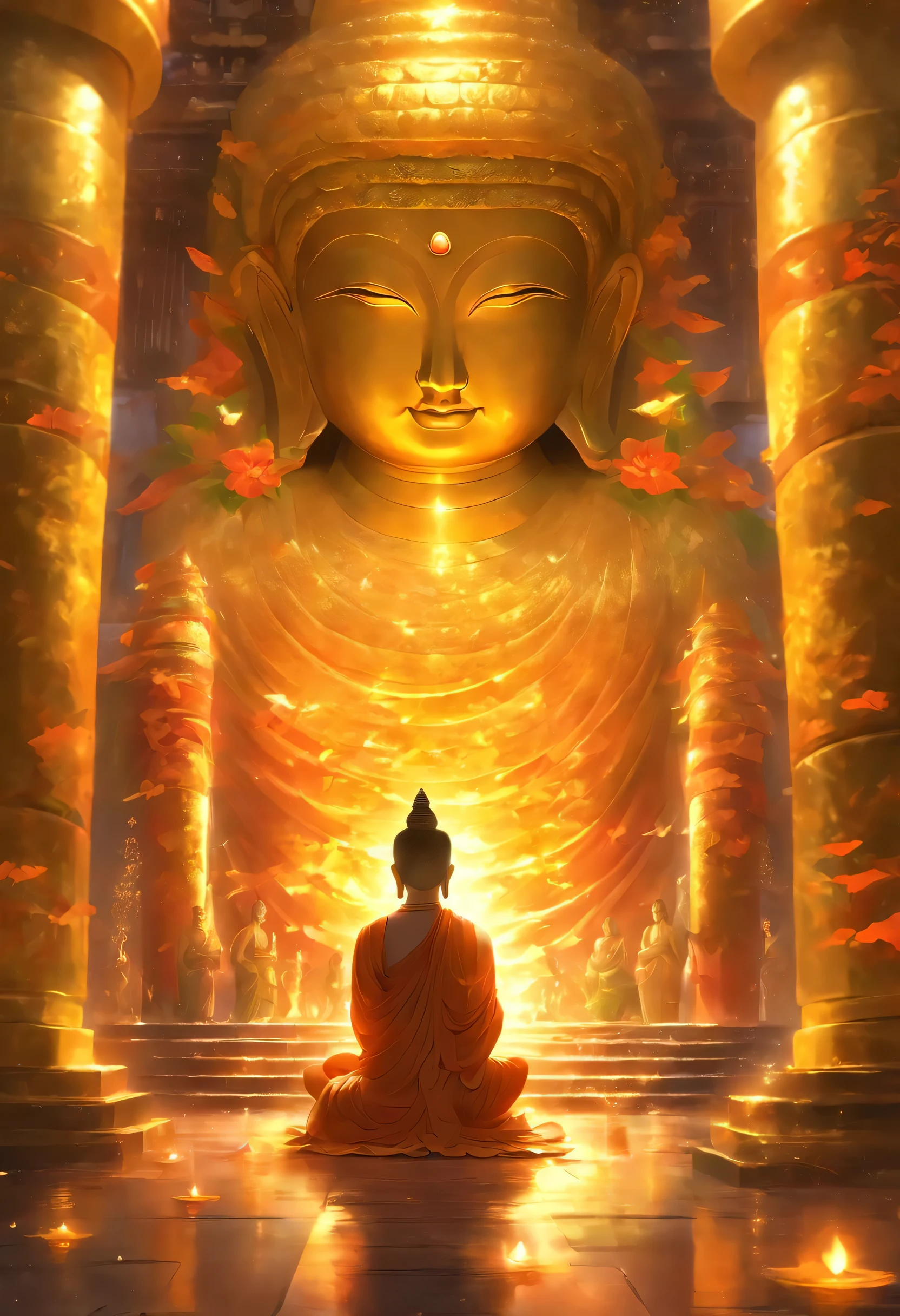 ,masterpiece, best quality,8k, ultra high resolution,In a quiet stupa,Reflection of faint morning light。A huge Buddha statue stands tall in the center of the hall,it becomes lifelike,Every detail has been meticulously crafted by the artist。Buddha statue solemnly sitting in lotus position,There is a sacred aura surrounding them。Sunlight, Enter from the window above, Casts mottled light and shadow,The whole hall is brightly lit,Peace。
majesty of buddha statue,Unique details make it look real and dynamic。Buddha's eyes are bright and shining,look capable, See through the difficulties in the world。Meticulous hand carving,展现指尖的质感Peace静的姿势,Exudes a sense of transcendent meditation。The golden robe shone softly under the light,This is, like the splendor of heaven。
A group of devout devotees gathered around the temple,They come with awe, Go to worship the Buddha statue,Kneel on the ground and meditate。Her figure was shrouded in a warm glow,The outline is clearly visible。The walls of the hall are covered with colorful prayer flags,Swaying gently in the wind,Give the whole room a sense of mystery、Gorgeous atmosphere。