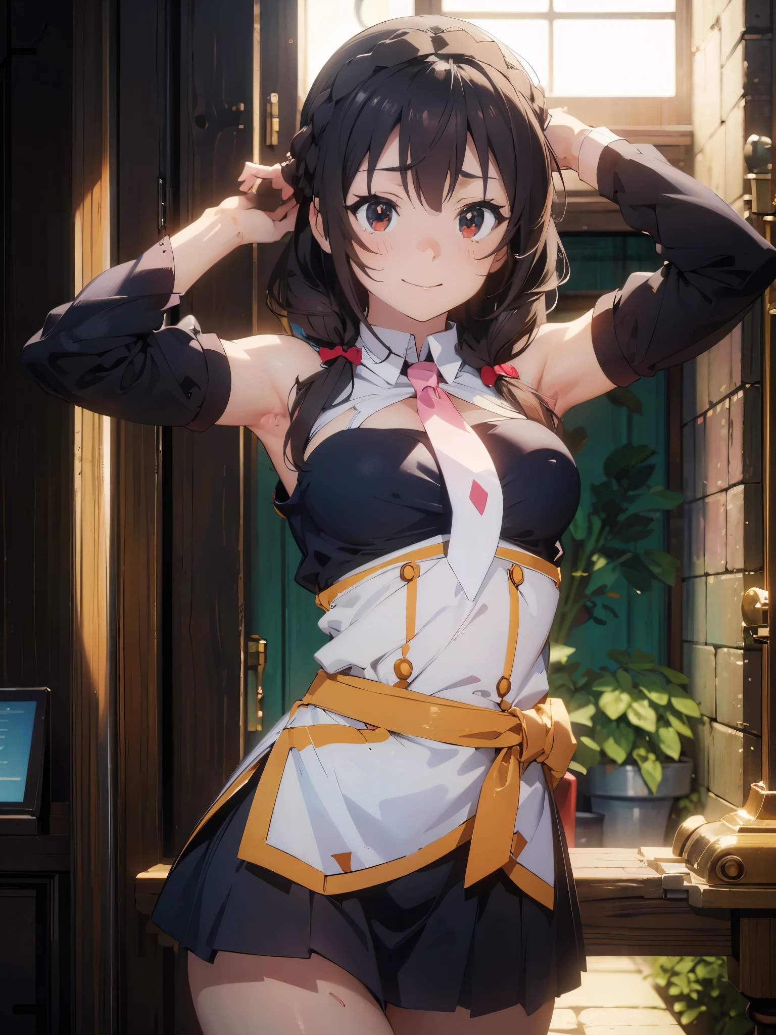 best picture quality, 8K, high quality, masterpiece:1.2), ((masterpiece)), (high detail, high quality, best picture quality), bokeh, DOF, Portrait, open stance, (cute illustration:1.2), (konosuba, yunyun), (nsfw:1.2), sunny light, in room, perfectly balanced ???????, sleeveless, detached sleeve, both arms behind head, armpits:1.3), detailed eyes, cute round face, embarrassed, smile, seducing by showing her armpits, (close-up shot:1.3), turn to face the front