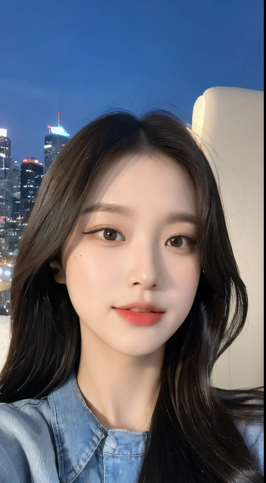 20 years old, pure beauty, Danfeng Eyes, double eyelids, lying silkworm, long eyelashes, black eyes, dark black hair, graceful body, Showing slender waist, casual shirt, new perfect denim, face highlight, Smile, look at me, Half-length photo, background, city night view, Tyndall Wright, Filter rendering, Ultra-fine, HD, HD, HD picture quality, detail, 18k ultra HD resolution, top effects, masterpiece, Half-length photos.