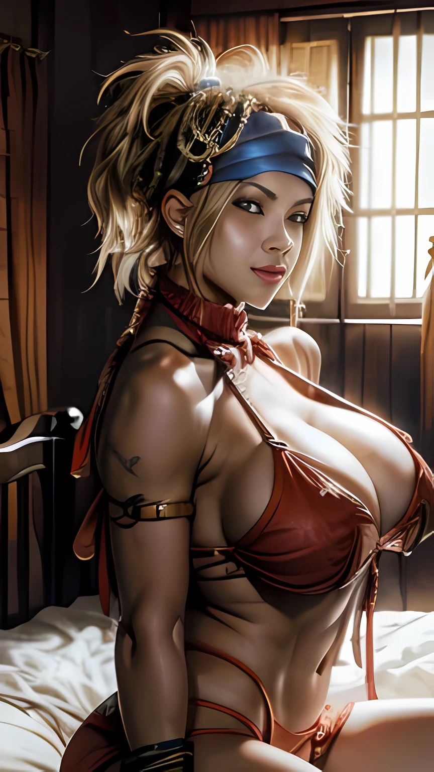 Rikku, short bobbed hair, red bandana around her neck, (huge breasts:1.5), laying on bed, blue bandana hair, white lingerie, 