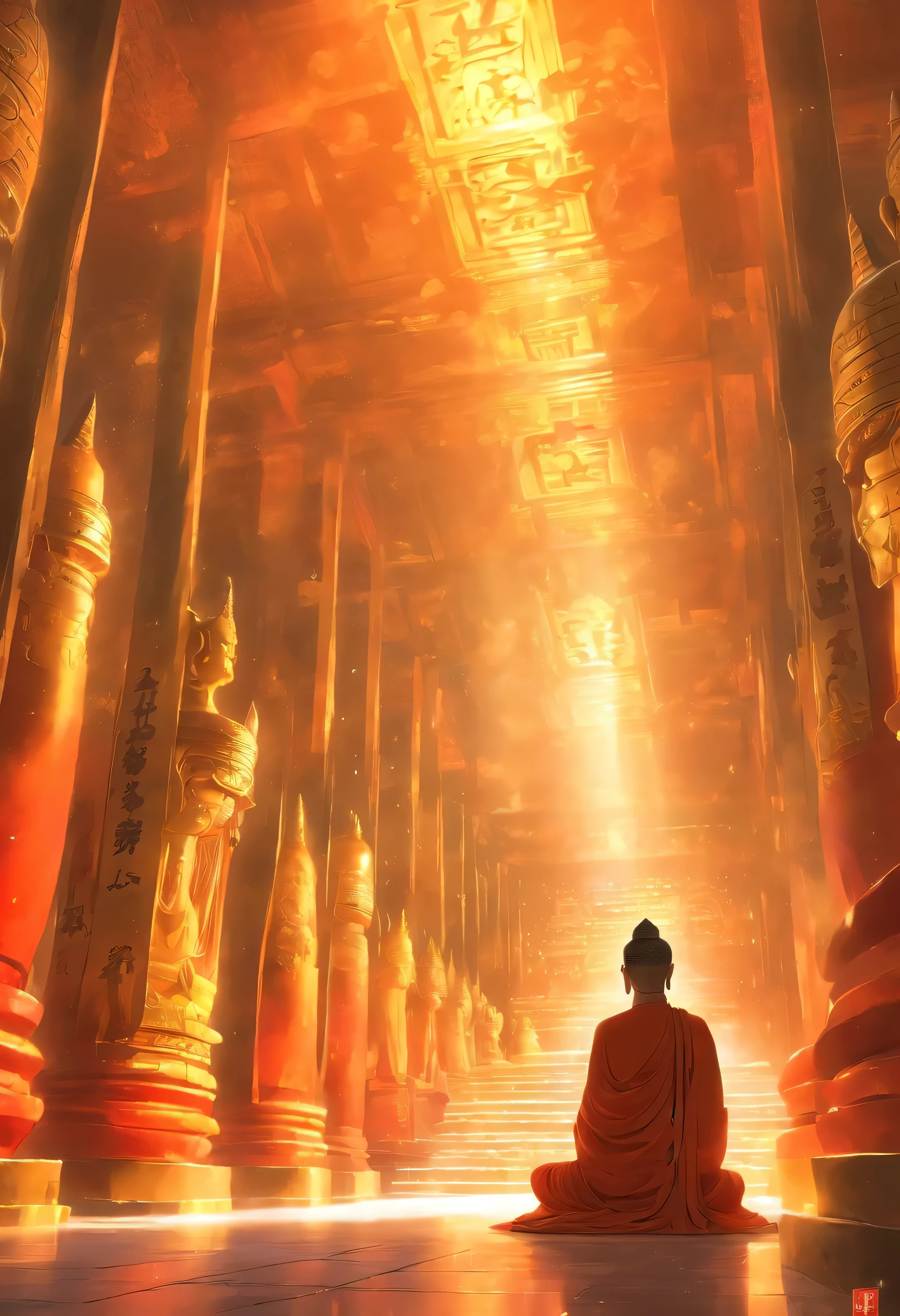 ，​Masterpiece, best quality，8k, ultra high resolution，在安静的Buddha塔里，weak morning light reflection。A huge Buddha statue stands in the center of the hall，it becomes lifelike，Every detail has been meticulously crafted by the artist。Buddha statue solemnly sitting in lotus position，There is a sacred aura surrounding them。Sunlight, Enter from the window above, Casts mottled light and shadow，The whole hall lights up quietly。

Buddha statue々correct，unique details、it seems逼真且充满活力。Buddha&#39;eyes sparkling，it seems, See through the difficulties in the world。Intricate hand carving，Show off the texture of your fingertips and your calm posture.，Gives a feeling of solitude and meditation。The golden robe glows softly under the light，That&#39;is it, 仿Buddha是天堂的辉煌。

A group of devout devotees gathered around the temple，they are full of awe, Worship Buddha statue，Kneel on the ground and meditate.。Her figure was shrouded in a warm glow，The outline is clearly visible。The walls of the hall are covered with colorful prayer flags，breeze in the breeze，Give the whole room a sense of mystery、Luxurious atmosphere。