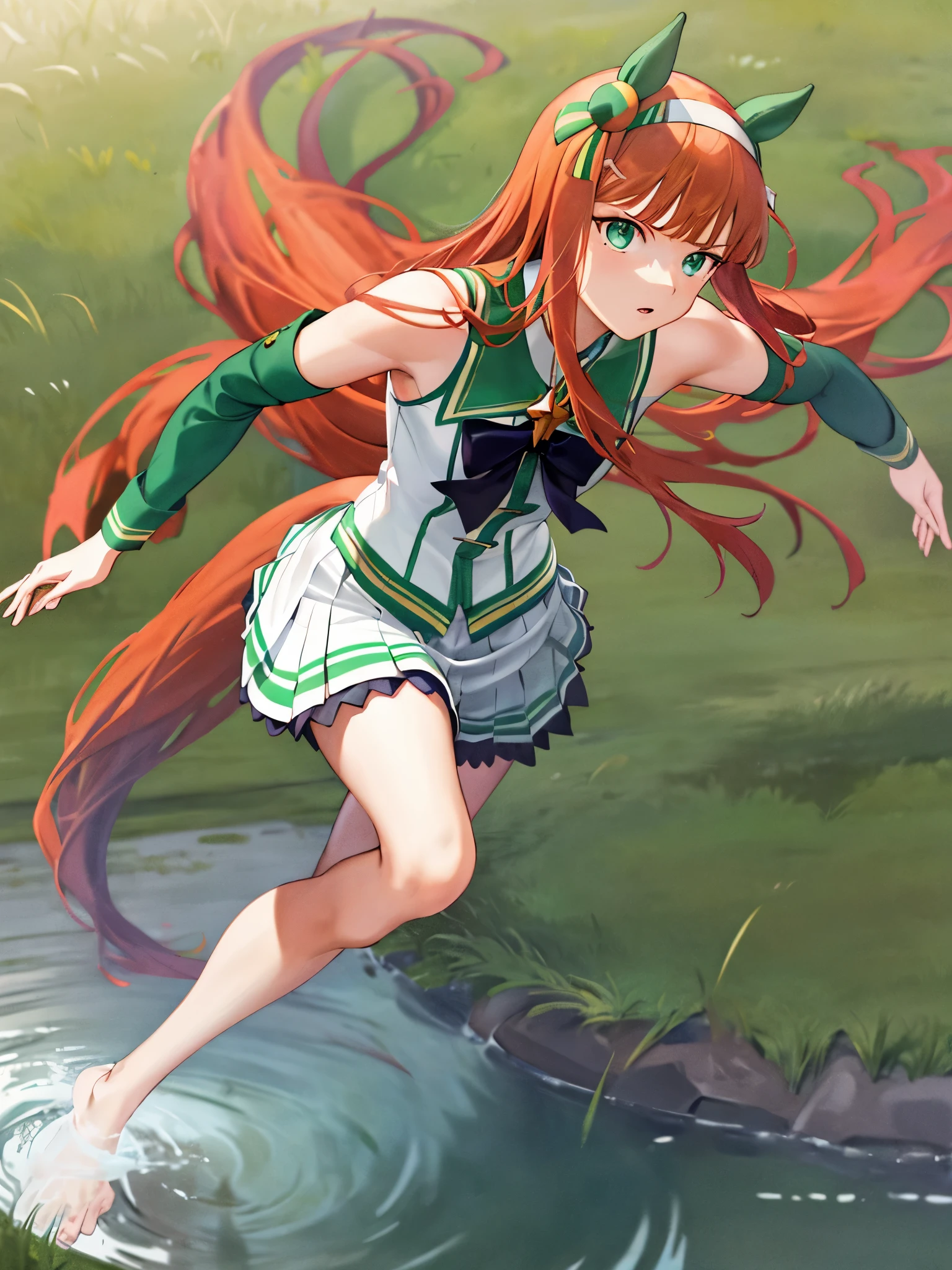 masterpiece, highest quality, full nude,running figure, Whole body wide angle, serious expression, silence suzuka \(umamusume\), white skirt, pleated skirt, (barefoot), ((((No sleeve)))), black bow, flowing grass,(sleeveless),