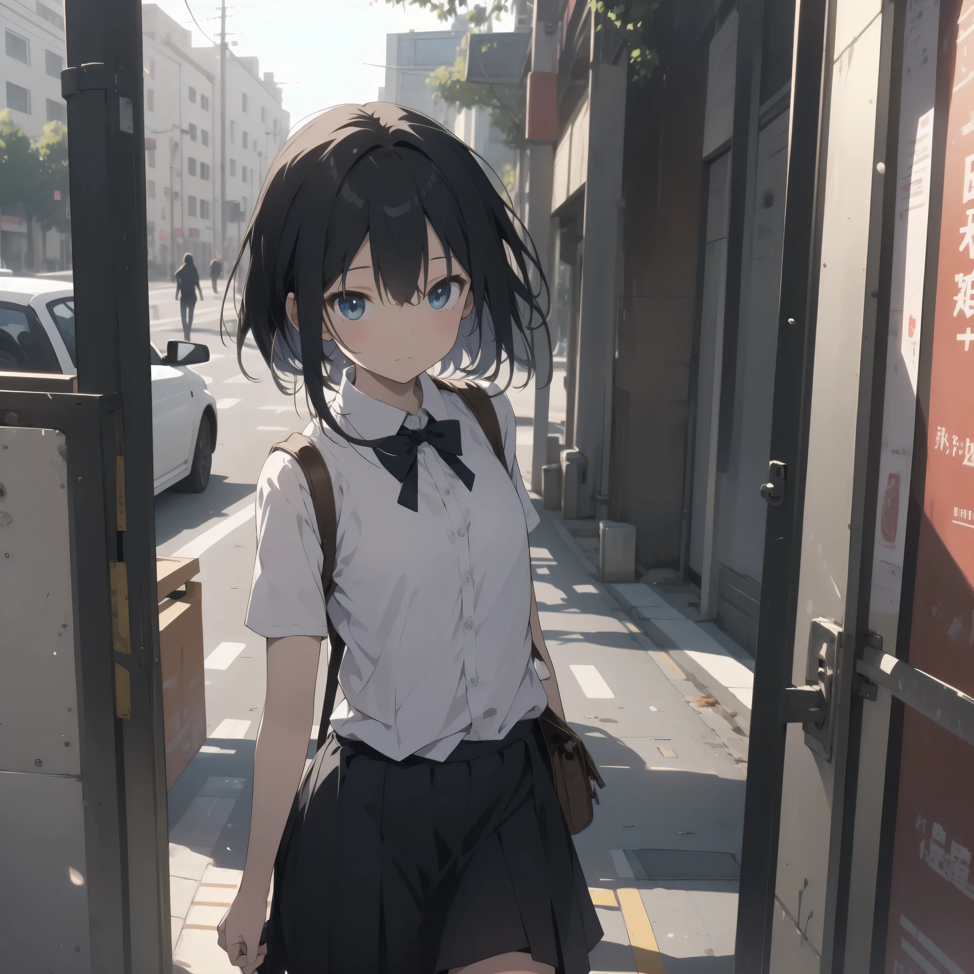 Super absurd quality by the god of art, super detailed, High resolution, anime moe art style, Best Anime 8K Kona-chan Wallpaper, pixiv contest winner, perfect anatomy, break,(眠そうにalone学校へ行く女の子を描いてください. )break,1 girl, (alone, woman, baby fears old:1., full finger,, The charm of an immature body, (very_short hair), Bang, flat chest, small ass, between legs, small black eyes, detailed and beautiful eyes, Well-proportioned iris and pupils, expressive eyes, High resolutionの詳細な髪, neck ribbon, shirt, collared shirt, skirt, pleated skirt, school uniform, (detailed lighting), (detailed background), On the way to school. break,super dense skin, Best cinematic lighting powered by famous artist, 8k,Beauty Illustration,photoshop_(Moderate),Absurd Hi-Res,Hmm,rough skin,break,((artist:coffee kizoku)), artist:Fujichoko,artist:Yamamoto_Soichiro,artist:hanekoto