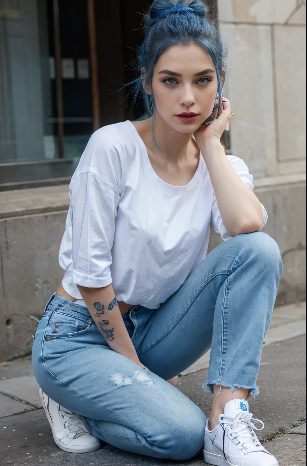 Beautiful skinny girl, elongated face and thin chin, freckles, blue hair, blue eyes, red lipstick, beautiful makeup, white skin, tattoo written on the forearm, beautiful top, denim jeans, white cotton shoes, in street , messy Hairbun