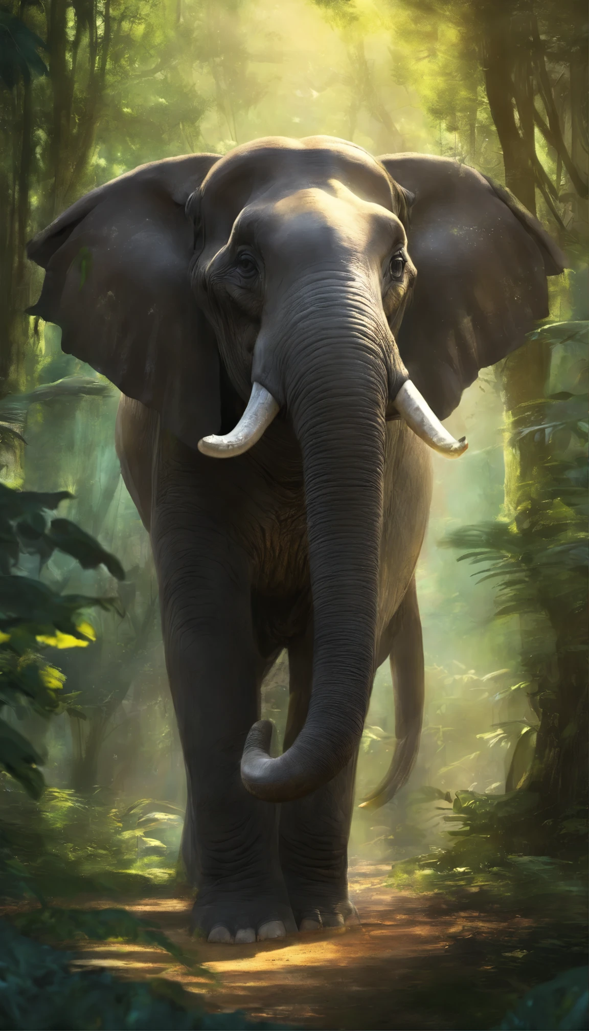 Create realistic images, asian elephant, With big eyes that express power, In a lush forest with sunlight shining through (best quality, very detailed), bright colors, realistic, With a photographic surface, Atmosphere light