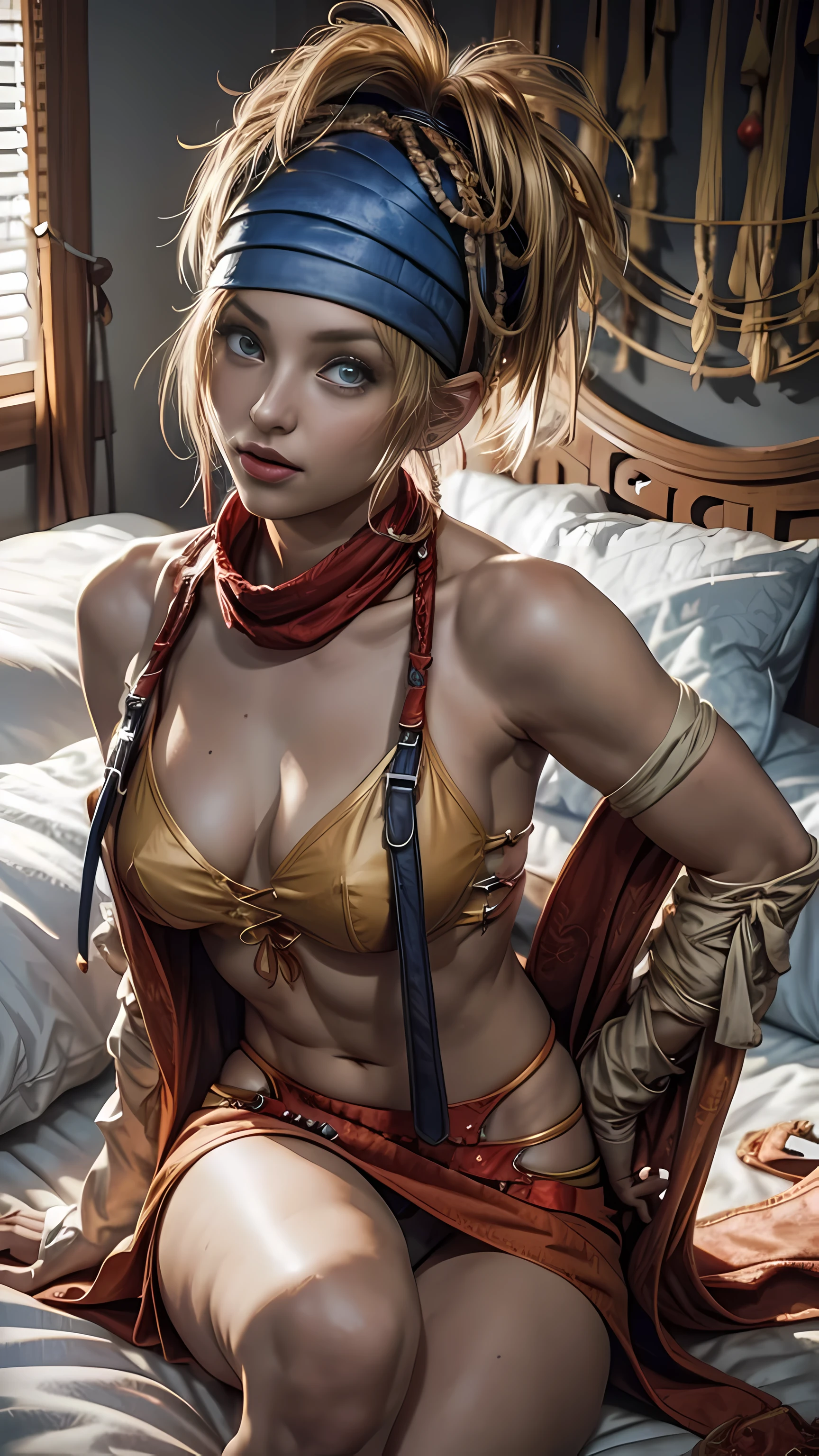 Rikku, short bobbed hair, red bandana around her neck, (big breasts), laying on bed, blue bandana hair, white lingerie, 