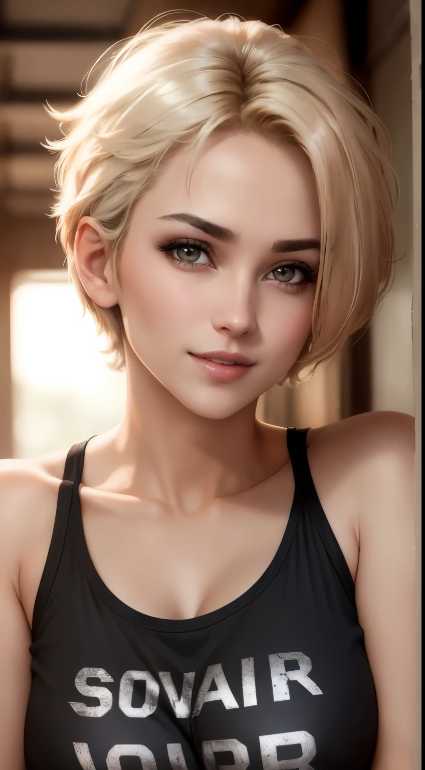 Best Quality, Ultra High Resolution, (Photorealistic: 1.4), Beautiful eyes, Super beautiful, Very short hair, Beautiful, Lovers, T-shirt with rough chest, Beautiful Soldier, An eye that invites the viewer, Lover's perspective, inviting expression, Sexy smile, Perfect Style, Perfect balance, Detailed skin, Naughty gaze, Chest visible,Face-up Focus,