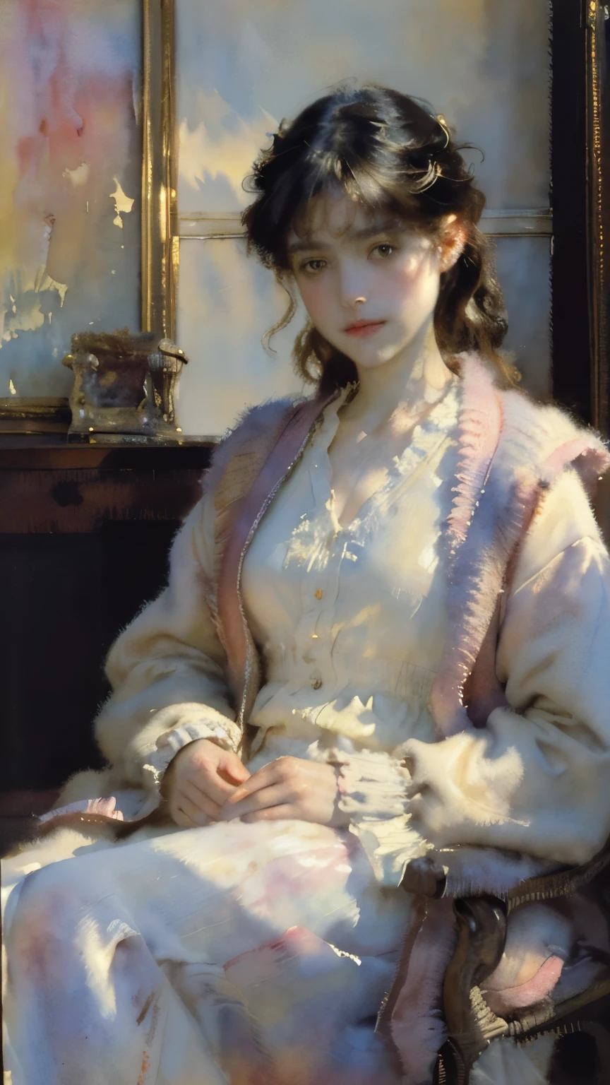 ((Sargent style watercolor))、(highest quality、masterpiece)、soft light、1 girl, relax in the morning, quiet, peaceful, comfortable, relaxed, fluffy knit cardigan, warm lighting