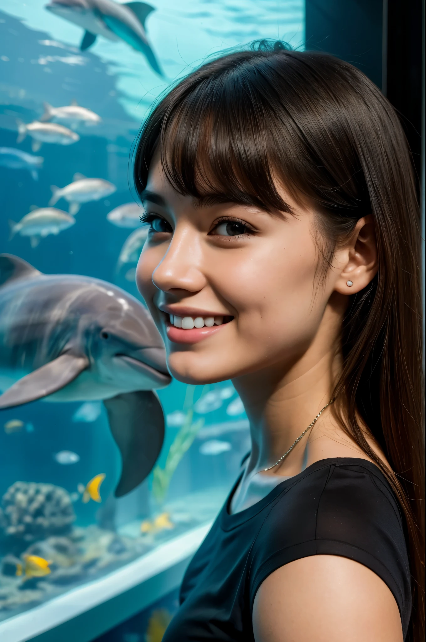 masterpiece, best quality, extremely detailed, hyperrealistic, photorealistic, a pretty girl, at aquarium, dolphin:1.1, plain black t-shirt, ultra detailed face, joyful smile
