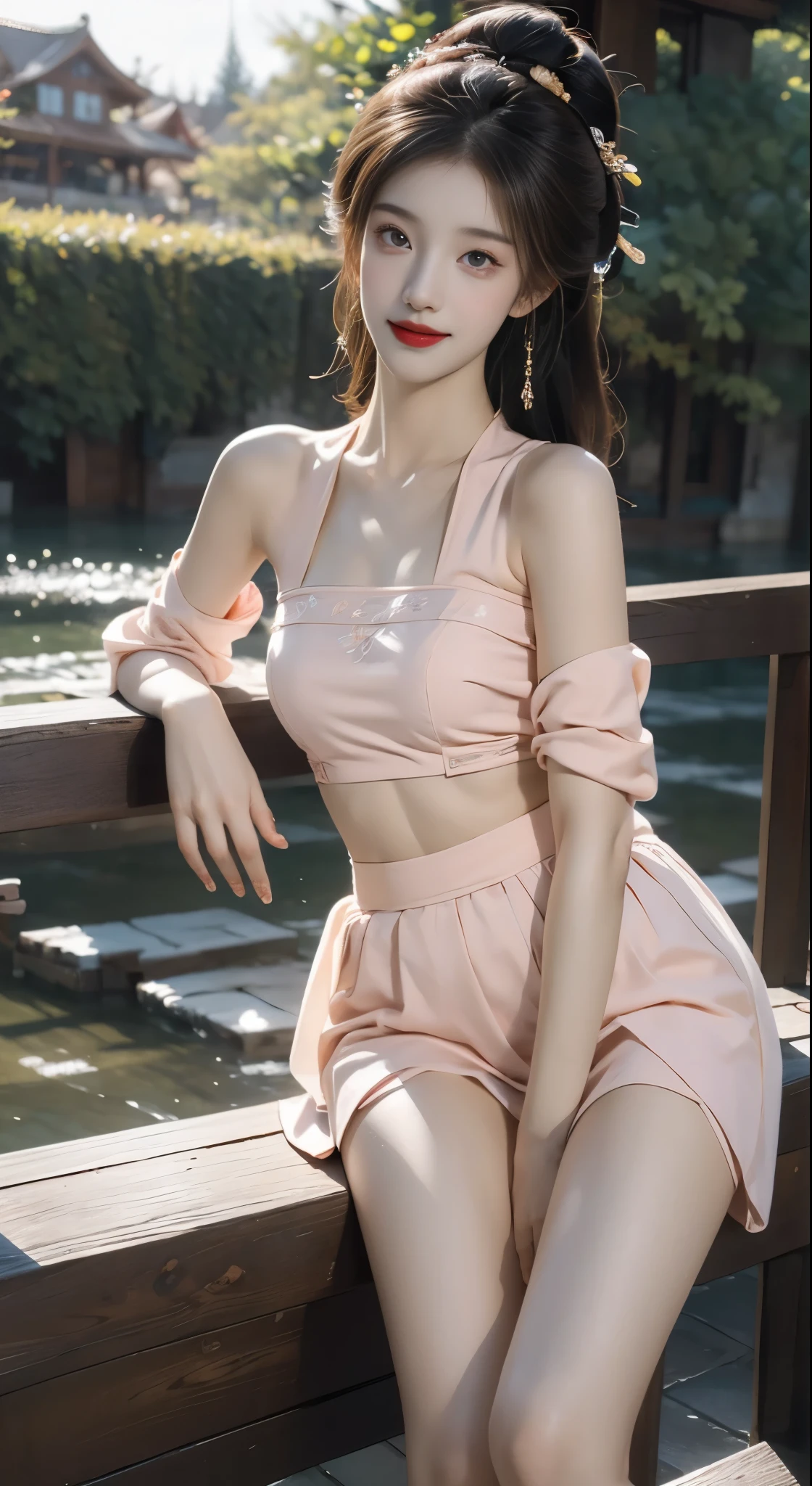 hanfu-song, hanfu, song theme, bandeau, tube top, (masterpiece, best quality:1.2), 1girl, solo, ((bare shoulders)), ((whole body)), actual, Fashion girl, red lips, mature women, beautiful妆容, big eyes, beautiful eyes, (best quality, masterpiece:1.2), super detailed, (actual:1.37), ((Sexy beautiful legs)), slim body, slender legs, beautiful, Young and energetic, Charming model, leg mold, big breasts, cleavage, The skirt is short, ((on the stairs, leaning against guardrail)), (exquisite eyes), Show a bright smile, Create stunning girl images, warm color, Extremely high color saturation, official art, Extremely detailed CG unified 8k wallpaper,(high dynamic range :1.4), (cinematic),(pastel colors, The color is dull, soothing tone :1.3), (natural skin texture, ultra-actual, soft light, sharp),(Very detailed), correct, 解剖学correct, correct的手, correct的腿