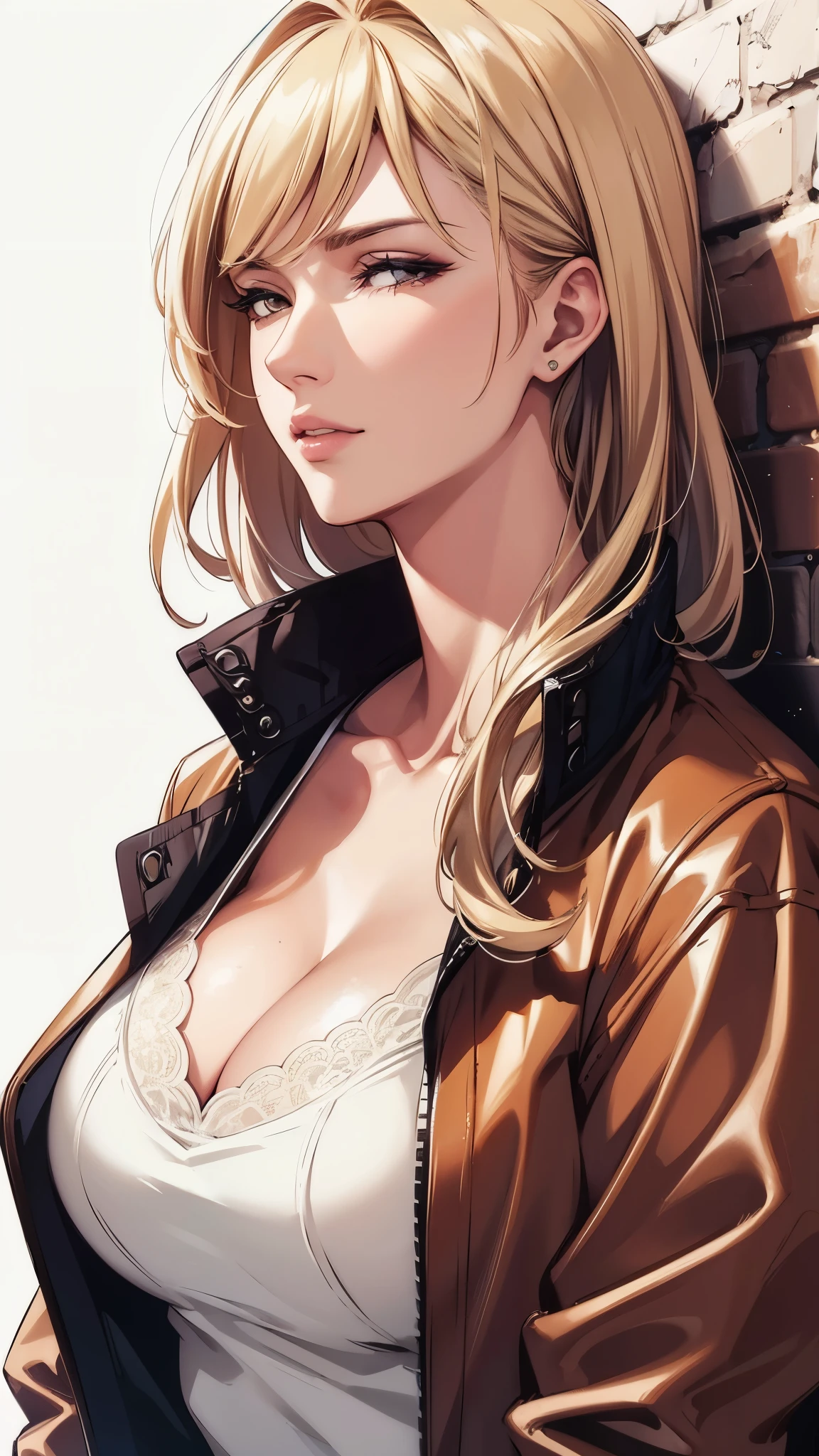 (best quality, highres), close-up portrait, elegant woman, long straight hair, swept-side bang, [[[brown hair]]], blonde hair, brown eyes, broad shoulders , office shirt, big breast, cleavage, office window, ultra detailed cg, 