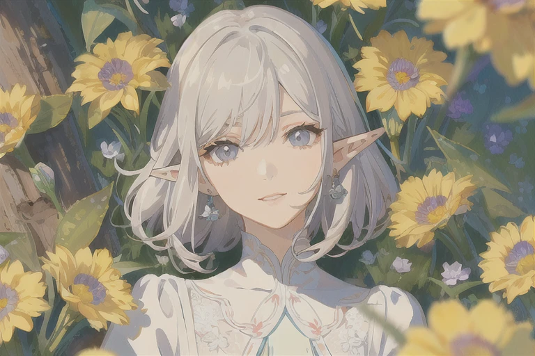 (best quality, masterpiece), 1 girl, beautiful girl, Brown_Eye, ((hair color [Silver hair], [Elf bangs] hair)), earrings, lips, short sleeves,actual, Willow Yao, charming, colorful makeup, long eyelashes, White skin, (Lovely), (细节ed face), 细节ed Eye, 细节ed iris, 