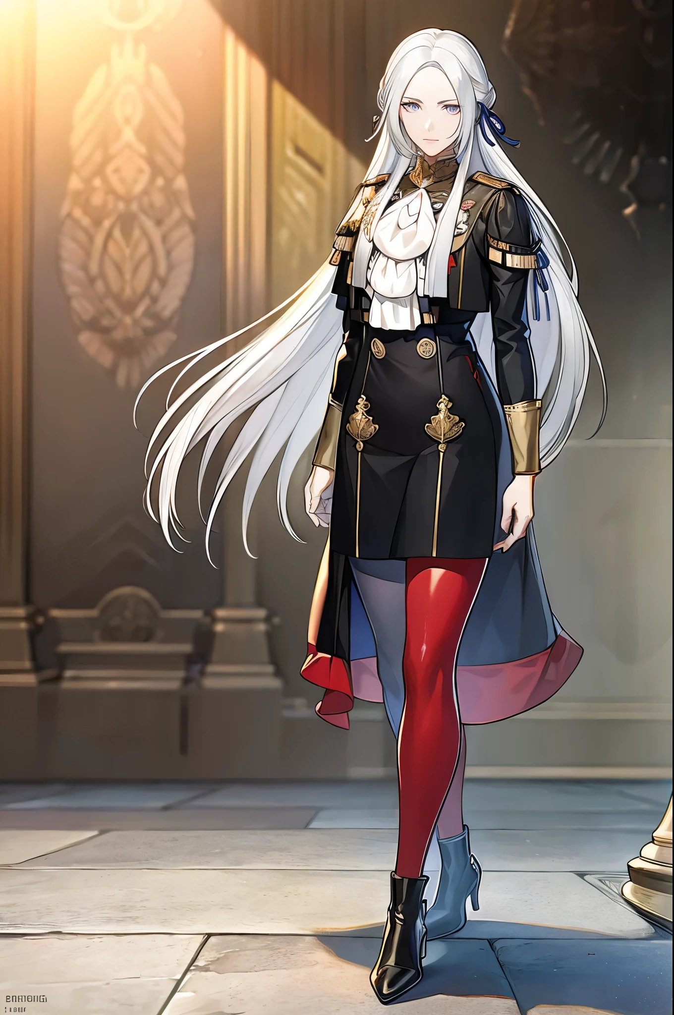 [edelgard_academy, hair ribbon, black jacket, black dress, ascot, red cape, red pantyhose, white gloves, high heels], standing confidently, [well lit], (bright:1.1 vivid colorasterpiece:1.2), (high resolution:1.2), (masterpiece, best quality:1.2), 4k, detailing the eyes, long eyelashes, detailed lips, (realistic:1.37), stone walls, old castle hall, weathered textures, (photorealistic:1.37), sunlit stained glass windows, polished marble floor, dramatic lighting, rich history, grandeur.