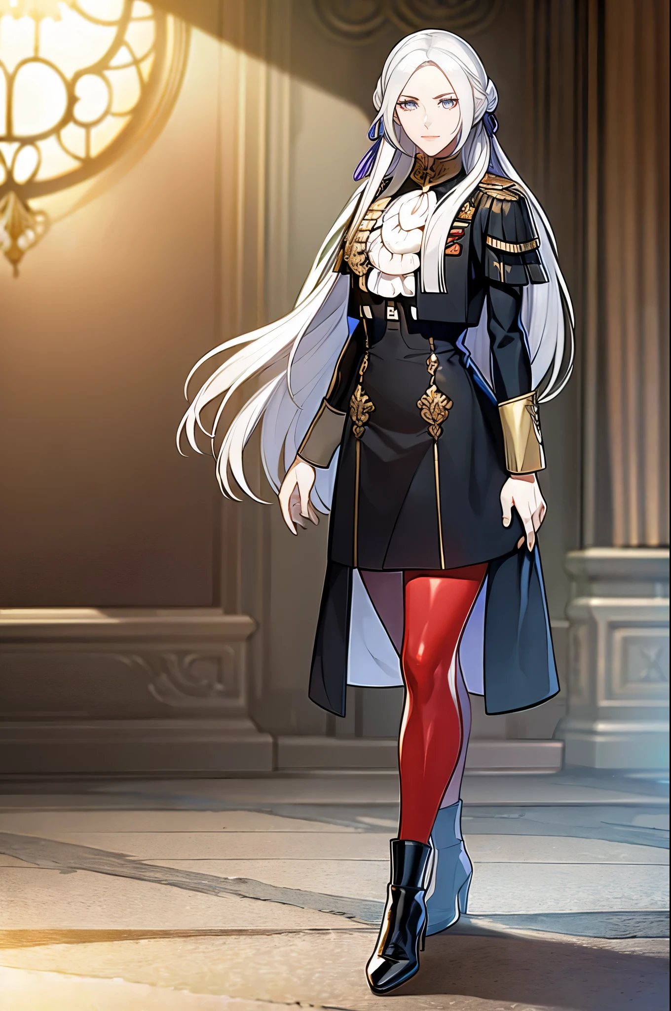 [edelgard_academy, hair ribbon, black jacket, black dress, ascot, red cape, red pantyhose, white gloves, high heels], standing confidently, [well lit], (bright:1.1 vivid colorasterpiece:1.2), (high resolution:1.2), (masterpiece, best quality:1.2), 4k, detailing the eyes, long eyelashes, detailed lips, (realistic:1.37), stone walls, old castle hall, weathered textures, (photorealistic:1.37), sunlit stained glass windows, polished marble floor, dramatic lighting, rich history, grandeur.