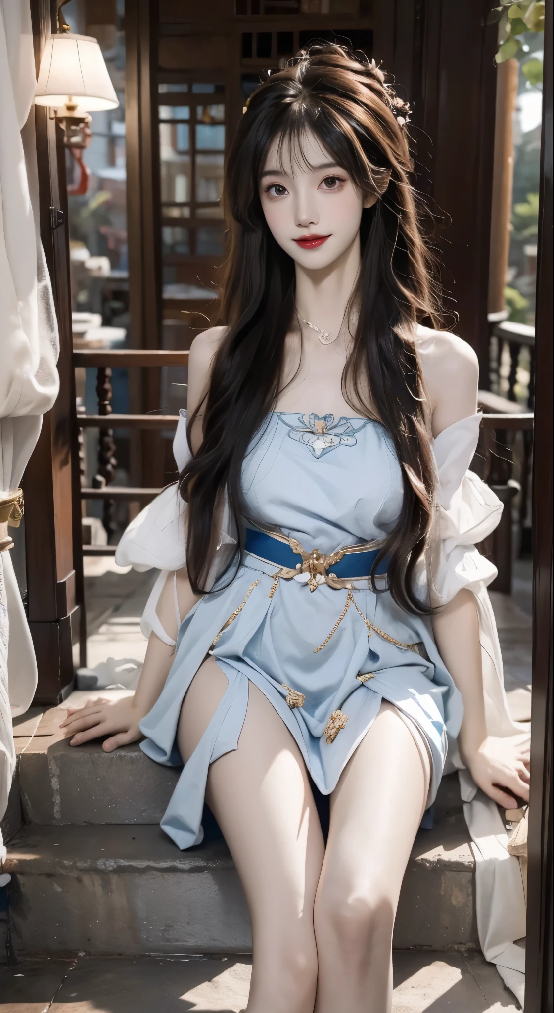 yinziping,china dresasterpiece, best quality:1.2), 1girl, solo, ((bare shoulders)), ((whole body)), actual, Fashion girl, red lips, mature women, beautiful妆容, big eyes, beautiful eyes, (best quality, masterpiece:1.2), super detailed, (actual:1.37), ((Sexy beautiful legs)), slim body, slender legs, beautiful, Young and energetic, Charming model, leg mold, big breasts, cleavage, The skirt is short, ((on the stairs, leaning against guardrail)), (exquisite eyes), Show a bright smile, Create stunning girl images, warm color, Extremely high color saturation, official art, Extremely detailed CG unified 8k wallpaper,(high dynamic range :1.4), (cinematic),(pastel colors, The color is dull, soothing tone :1.3), (natural skin texture, ultra-actual, soft light, sharp),(Very detailed), correct, 解剖学correct, correct的手, correct的腿