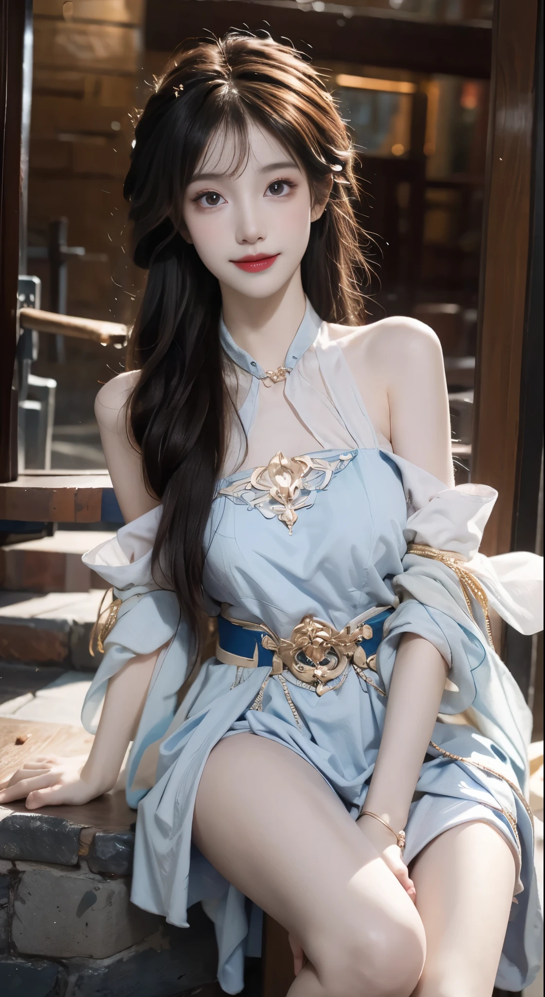 yinziping,china dresasterpiece, best quality:1.2), 1girl, solo, ((bare shoulders)), ((whole body)), actual, Fashion girl, red lips, mature women, beautiful妆容, big eyes, beautiful eyes, (best quality, masterpiece:1.2), super detailed, (actual:1.37), ((Sexy beautiful legs)), slim body, slender legs, beautiful, Young and energetic, Charming model, leg mold, big breasts, cleavage, The skirt is short, ((on the stairs, leaning against guardrail)), (exquisite eyes), Show a bright smile, Create stunning girl images, warm color, Extremely high color saturation, official art, Extremely detailed CG unified 8k wallpaper,(high dynamic range :1.4), (cinematic),(pastel colors, The color is dull, soothing tone :1.3), (natural skin texture, ultra-actual, soft light, sharp),(Very detailed), correct, 解剖学correct, correct的手, correct的腿