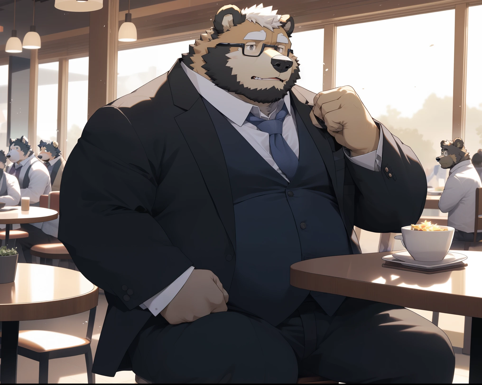 hairy，akita dog man,white fur，young，director，Suit，Bear，obvious secondary sexual characteristics,fat,style restaurant，Sit on a dining room chair，极其lifelike阴影，masterpiece，Very detailed，lifelike