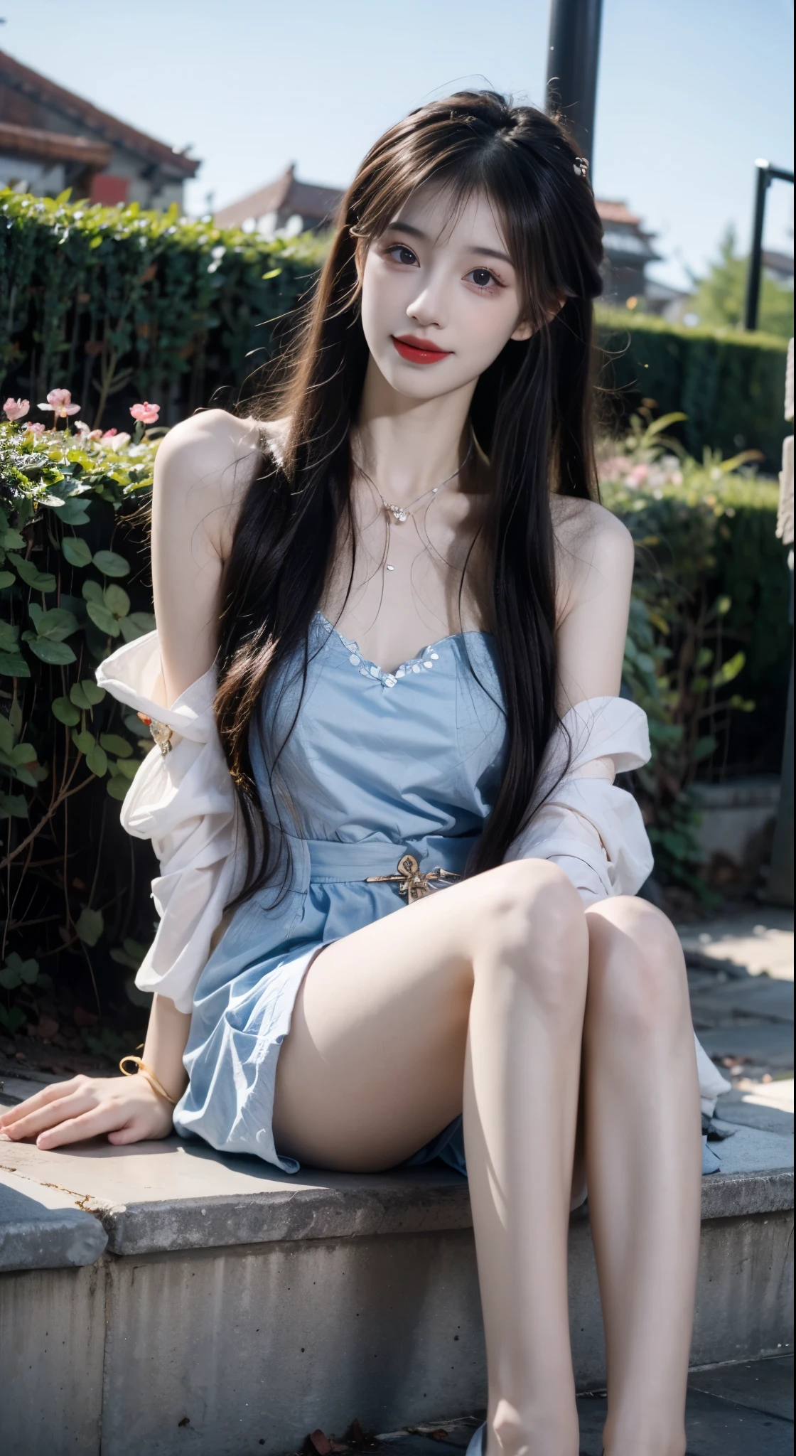 yinziping,china dresasterpiece, best quality:1.2), 1girl, solo, ((bare shoulders)), ((whole body)), actual, Fashion girl, red lips, mature women, beautiful妆容, big eyes, beautiful eyes, (best quality, masterpiece:1.2), super detailed, (actual:1.37), ((Sexy beautiful legs)), slim body, slender legs, beautiful, Young and energetic, Charming model, leg mold, big breasts, cleavage, The skirt is short, ((on the stairs, leaning against guardrail)), (exquisite eyes), Show a bright smile, Create stunning girl images, warm color, Extremely high color saturation, official art, Extremely detailed CG unified 8k wallpaper,(high dynamic range :1.4), (cinematic),(pastel colors, The color is dull, soothing tone :1.3), (natural skin texture, ultra-actual, soft light, sharp),(Very detailed), correct, 解剖学correct, correct的手, correct的腿